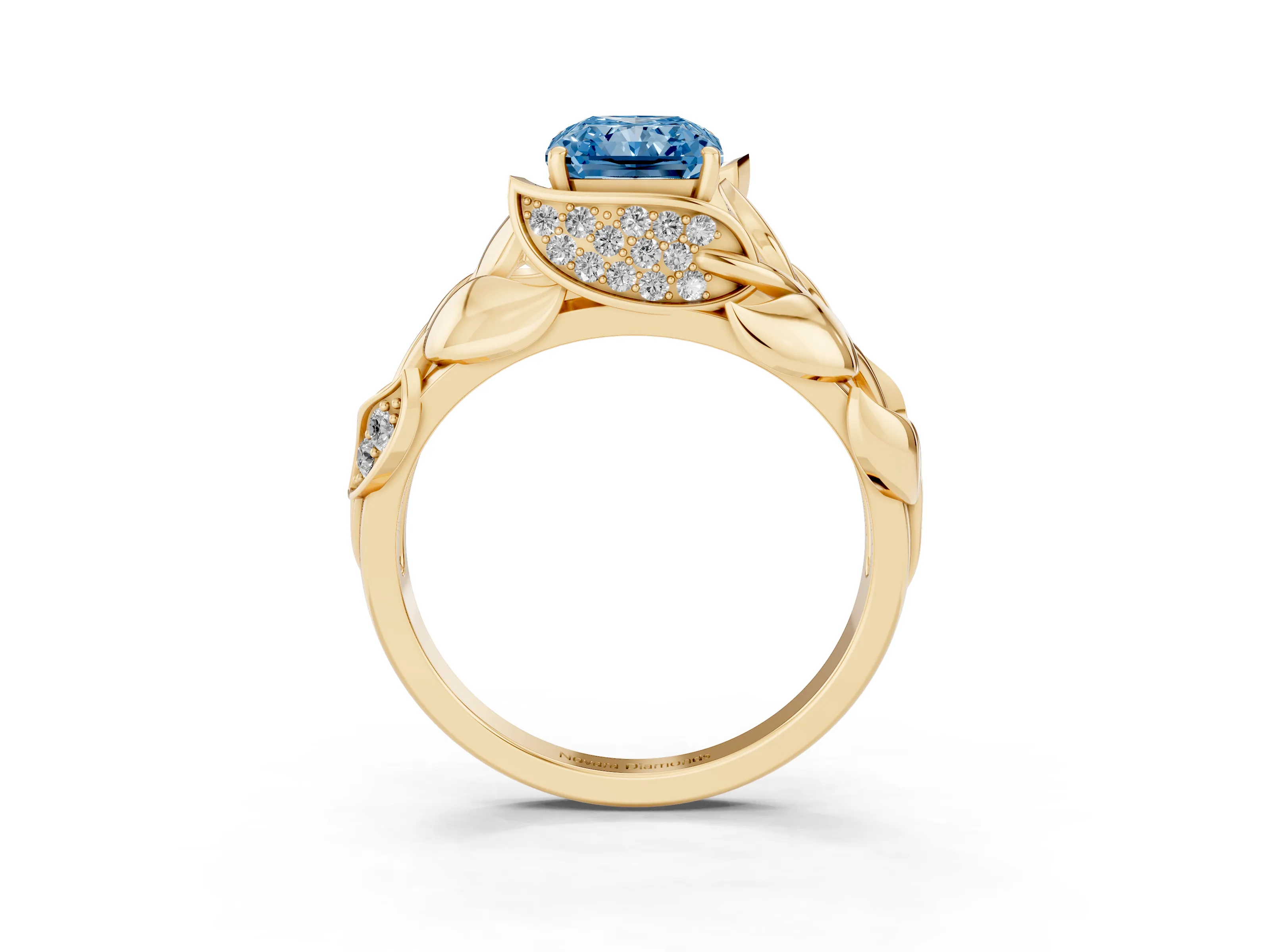 Fancy Blue Radiant Cut Diamond Leaf-Inspired Engagement Ring Set in Yellow gold with Round Accents
