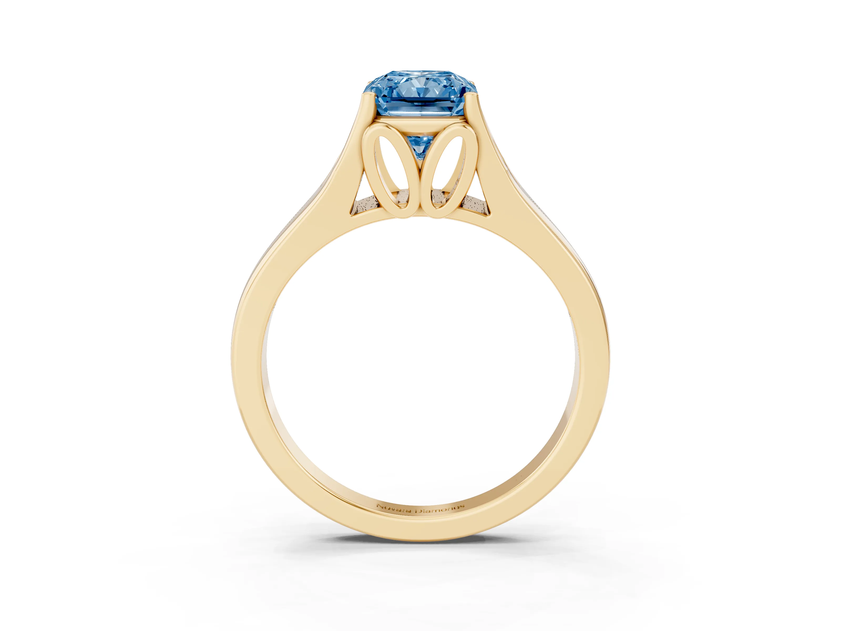 Fancy Blue Radiant Cut Diamond Solitaire Ring Set in Yellow gold with Arched Cathedral Band and Prong Setting