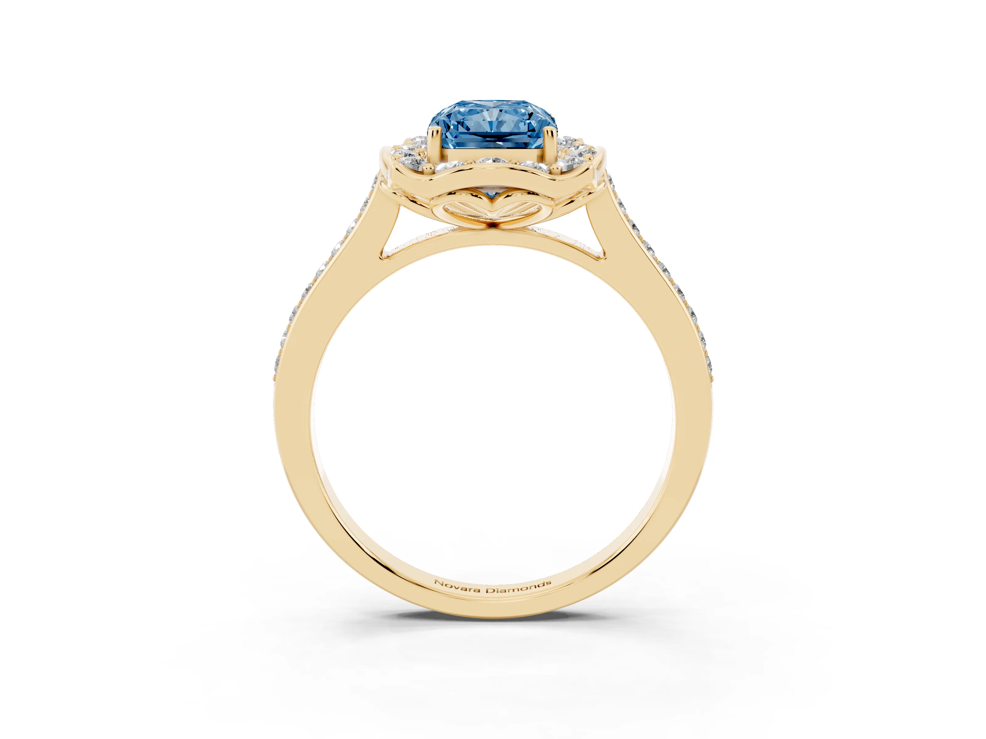 Fancy Blue Radiant Cut Diamond Halo Ring Set in Yellow gold with Pavé-Lined Shoulders and Prong Setting