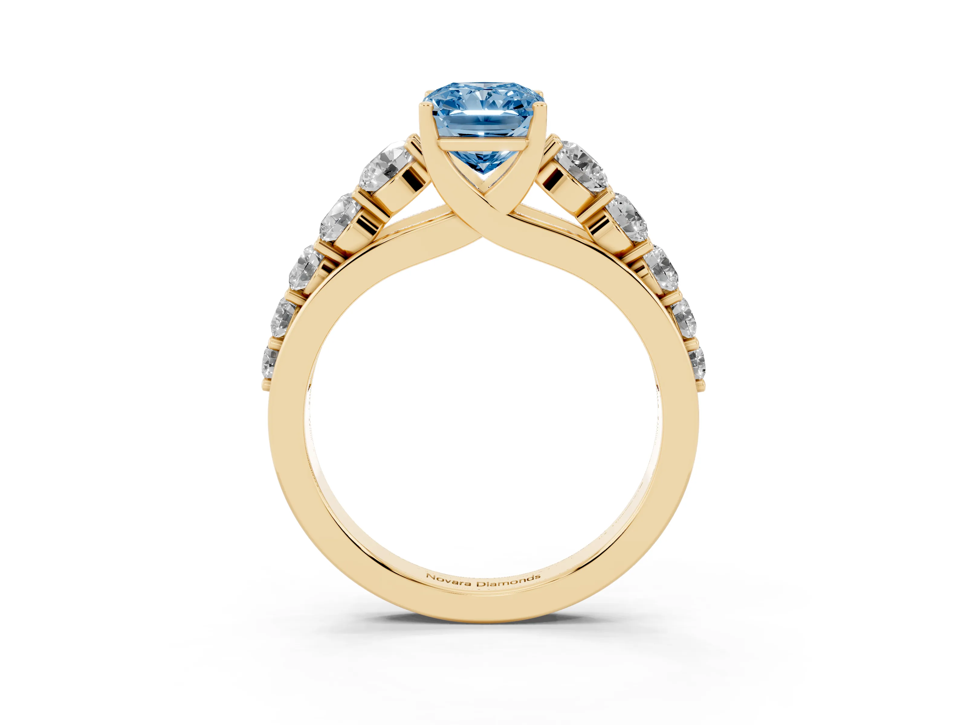 Fancy Blue Radiant Cut Diamond Solitaire Ring Set in Yellow gold with Pavé-Set Band and Prong Setting