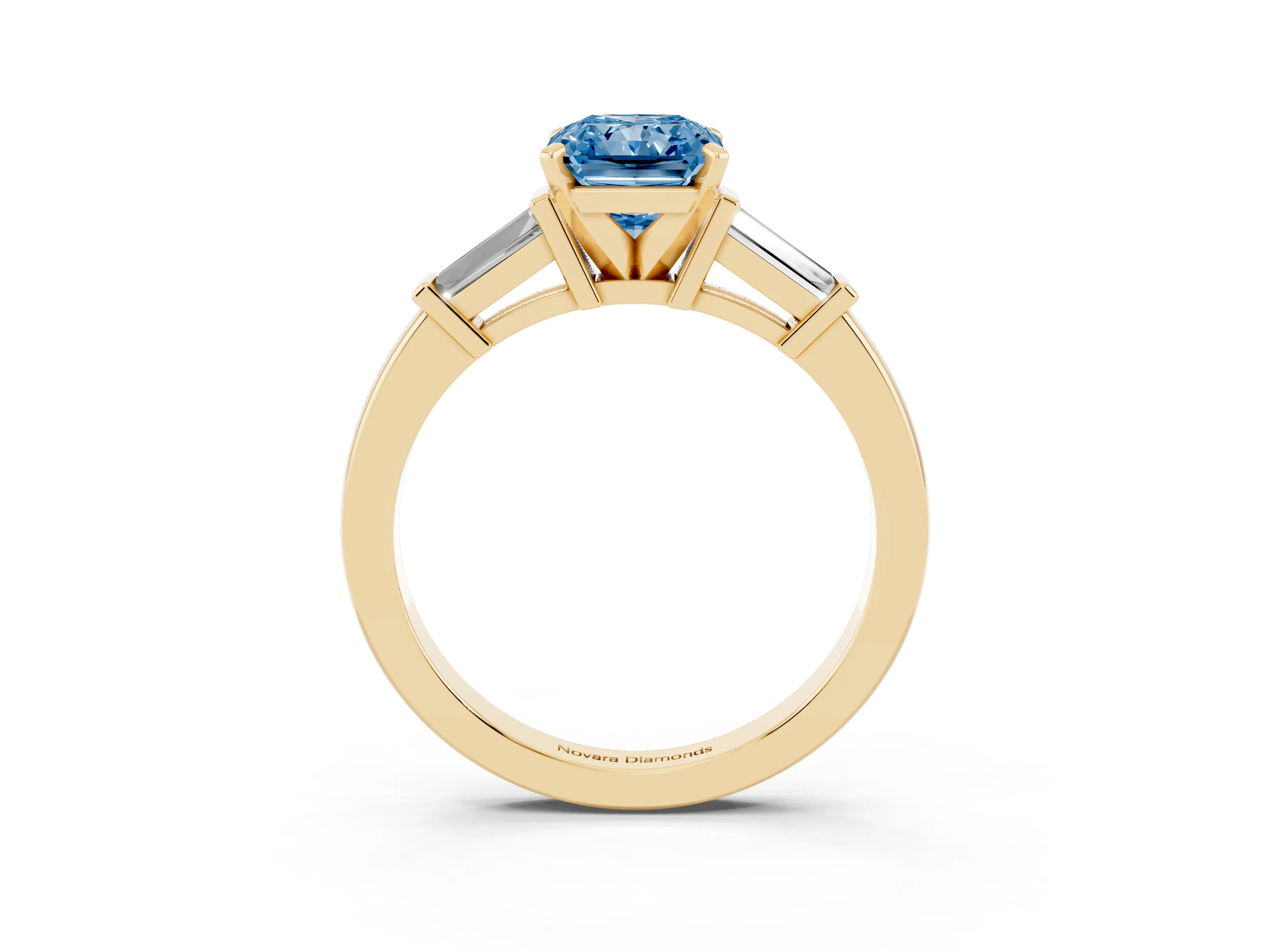 Fancy Blue Radiant Cut Diamond Solitaire Ring Set in Yellow gold with Tapered Baguette Accents and Prong Setting