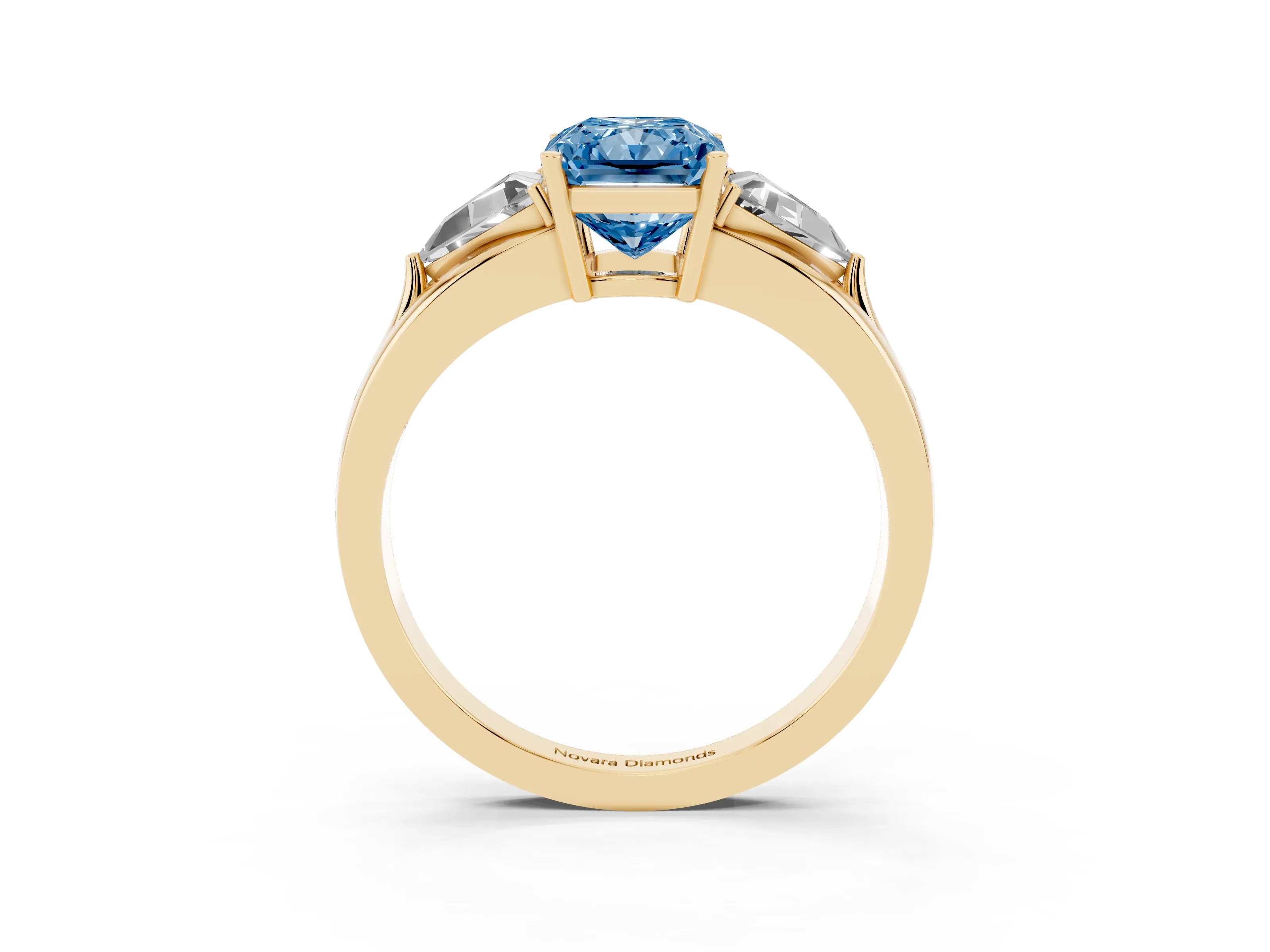 Fancy Blue Radiant Cut Diamond Three-Stone Ring Set in Yellow gold with Trillion Side Stones and Split Shank