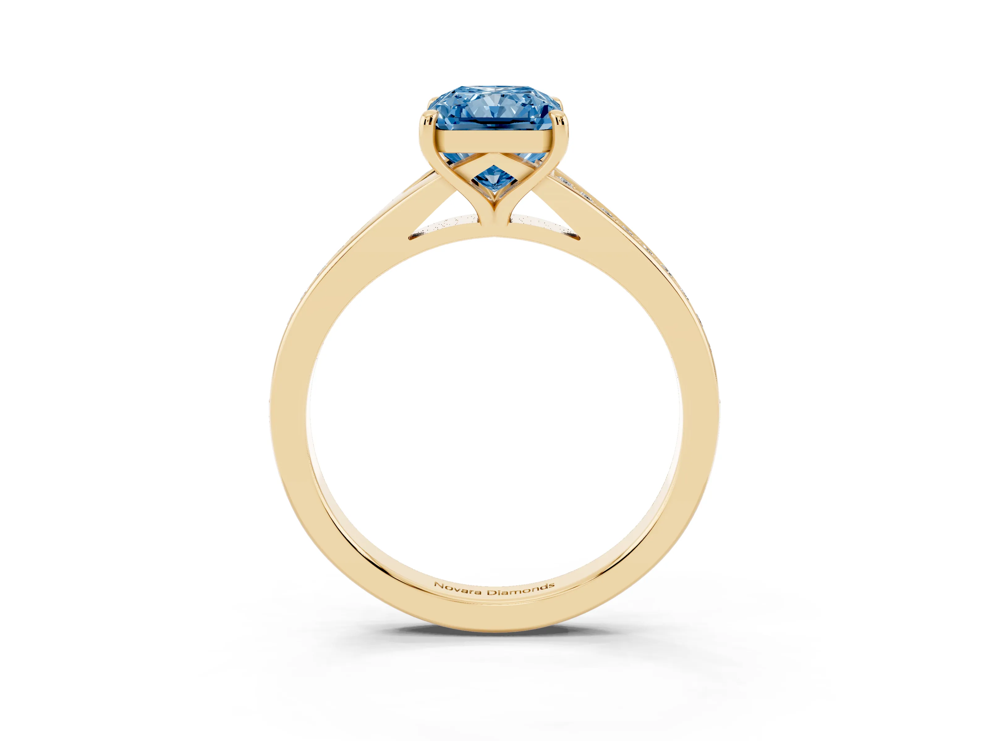 Fancy Blue Radiant Cut Diamond Solitaire Ring Set in Yellow gold with Pavé Accent Band and Classic Prong Setting