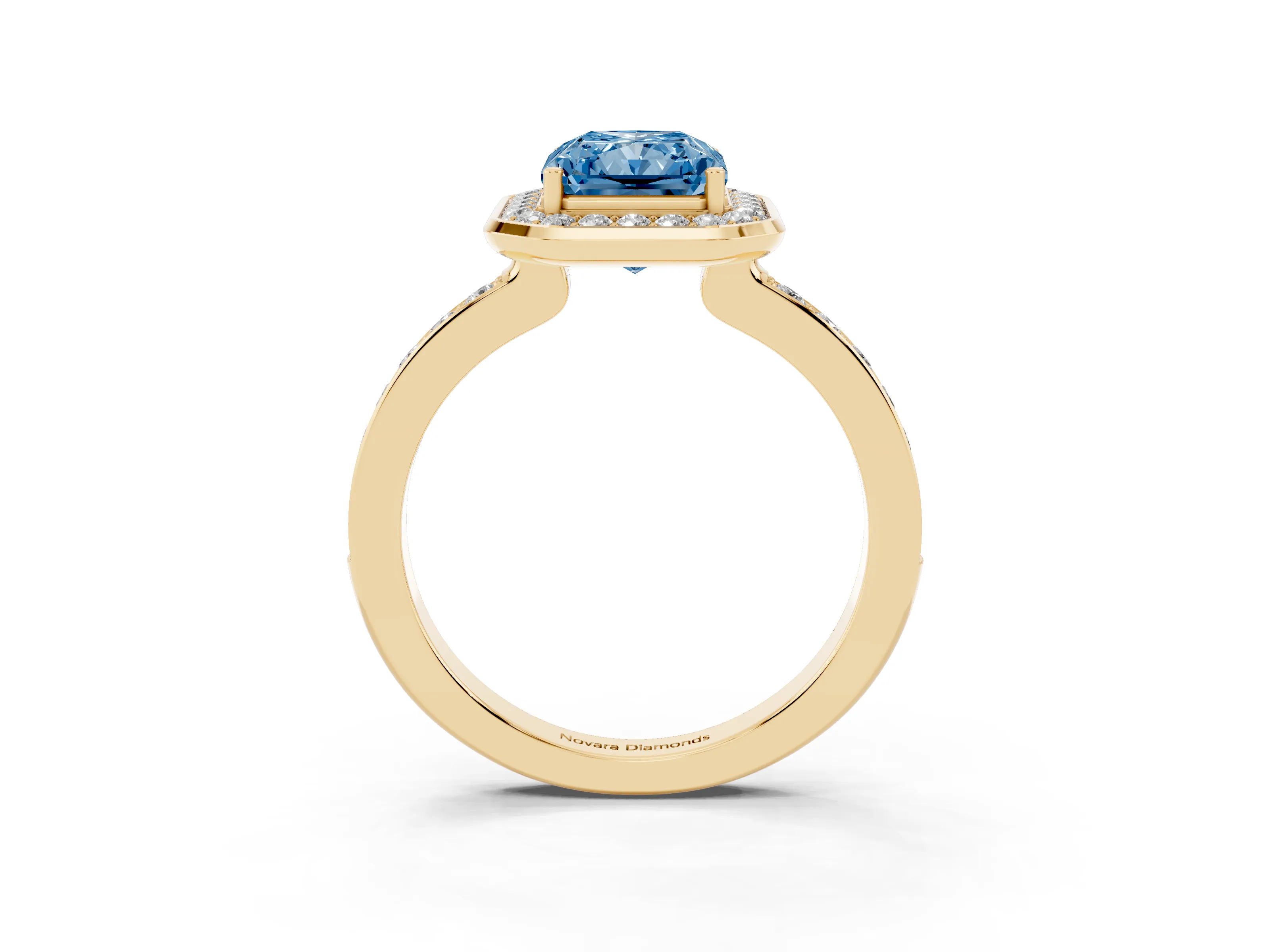 Fancy Blue Radiant Cut Diamond Halo Ring Set in Yellow gold with Bezel Frame and Pavé Band
