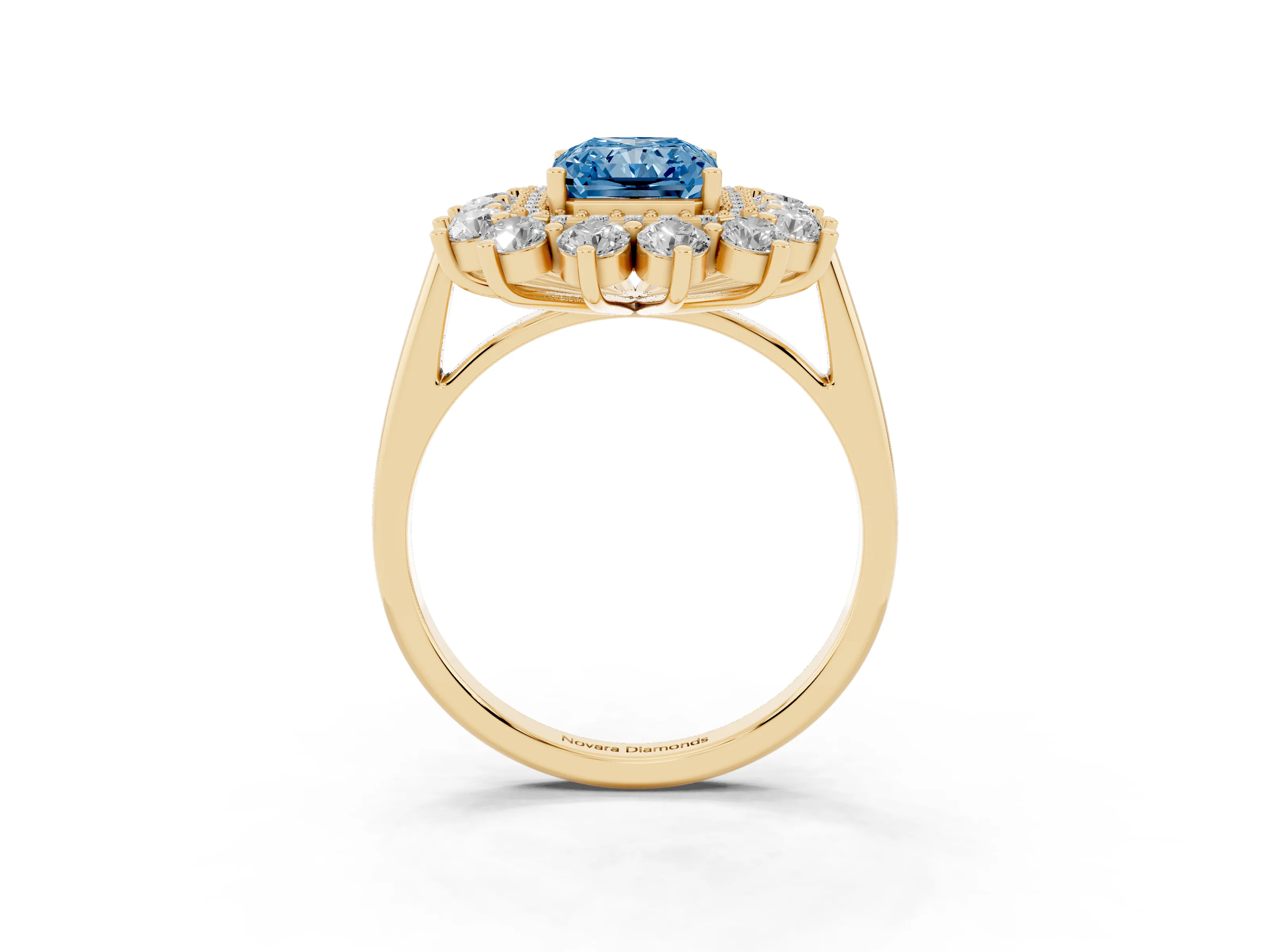 Fancy Blue Radiant Cut Diamond Floral Double Halo Ring Set in Yellow gold with Round Petals