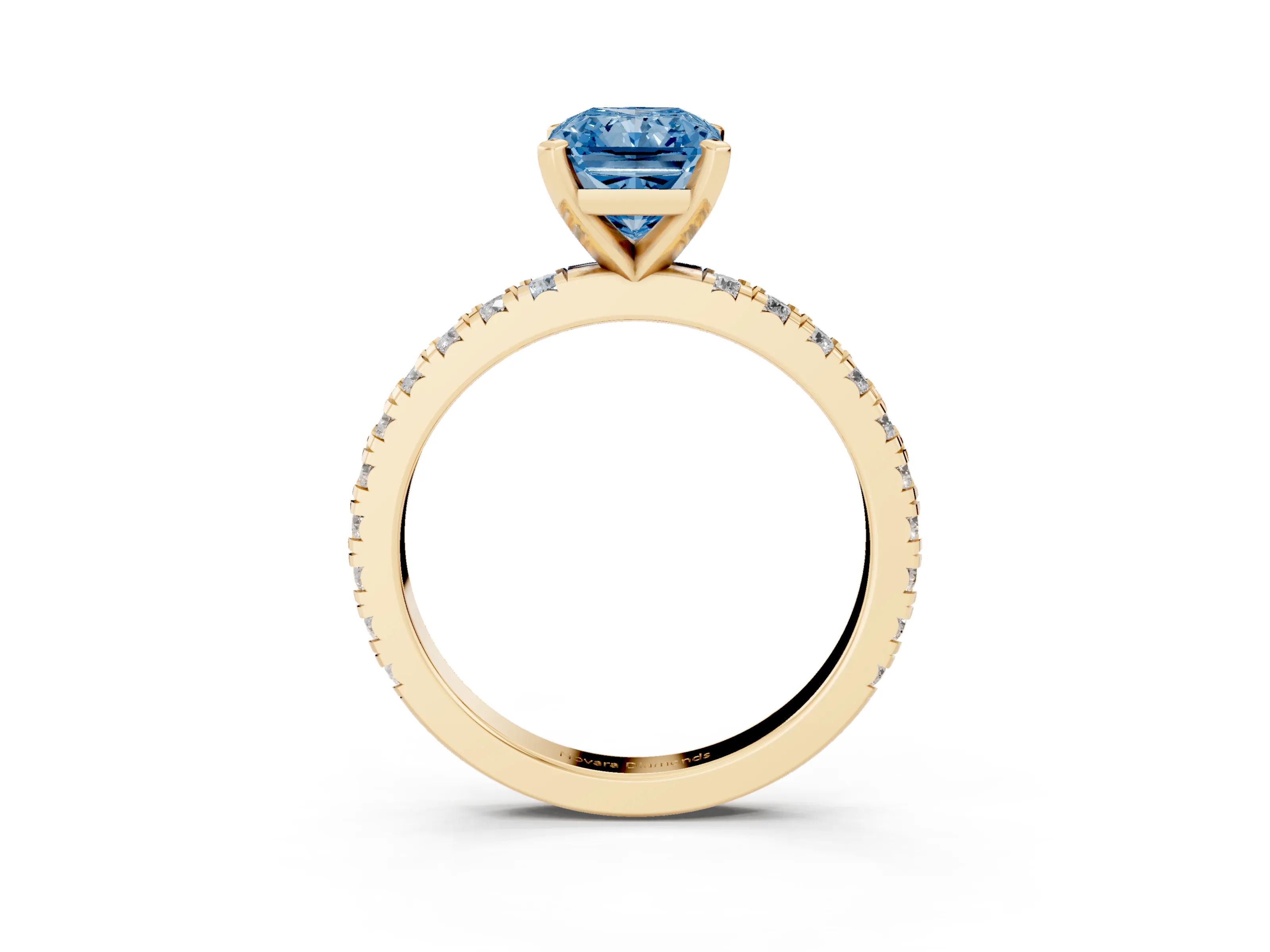 Fancy Blue Radiant Cut Diamond Pavé Band Solitaire Set in Yellow gold with Prong Setting