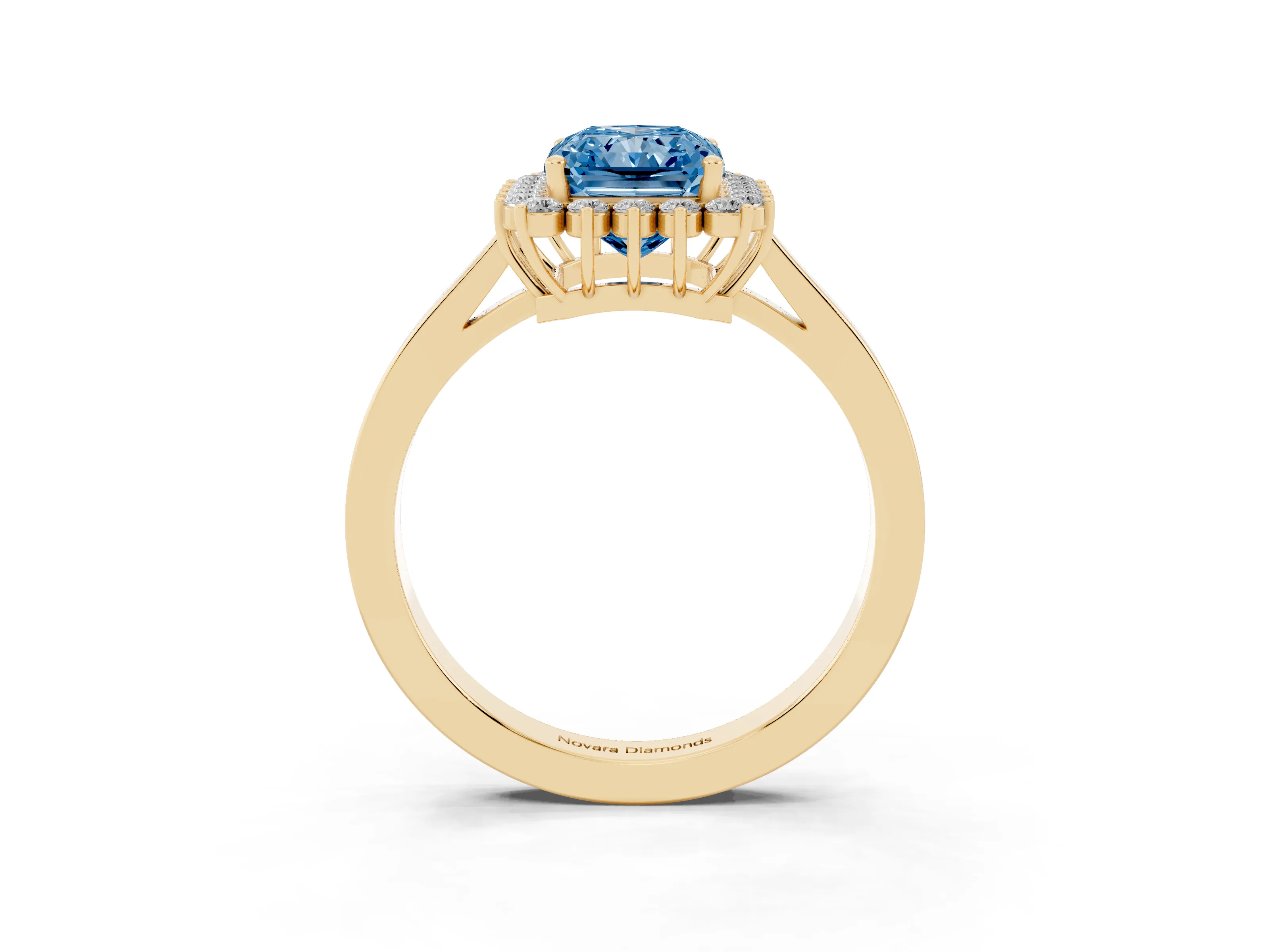 Fancy Blue Radiant Cut Diamond Halo Ring Set in Yellow gold with Round Halo and Smooth Solitaire Band