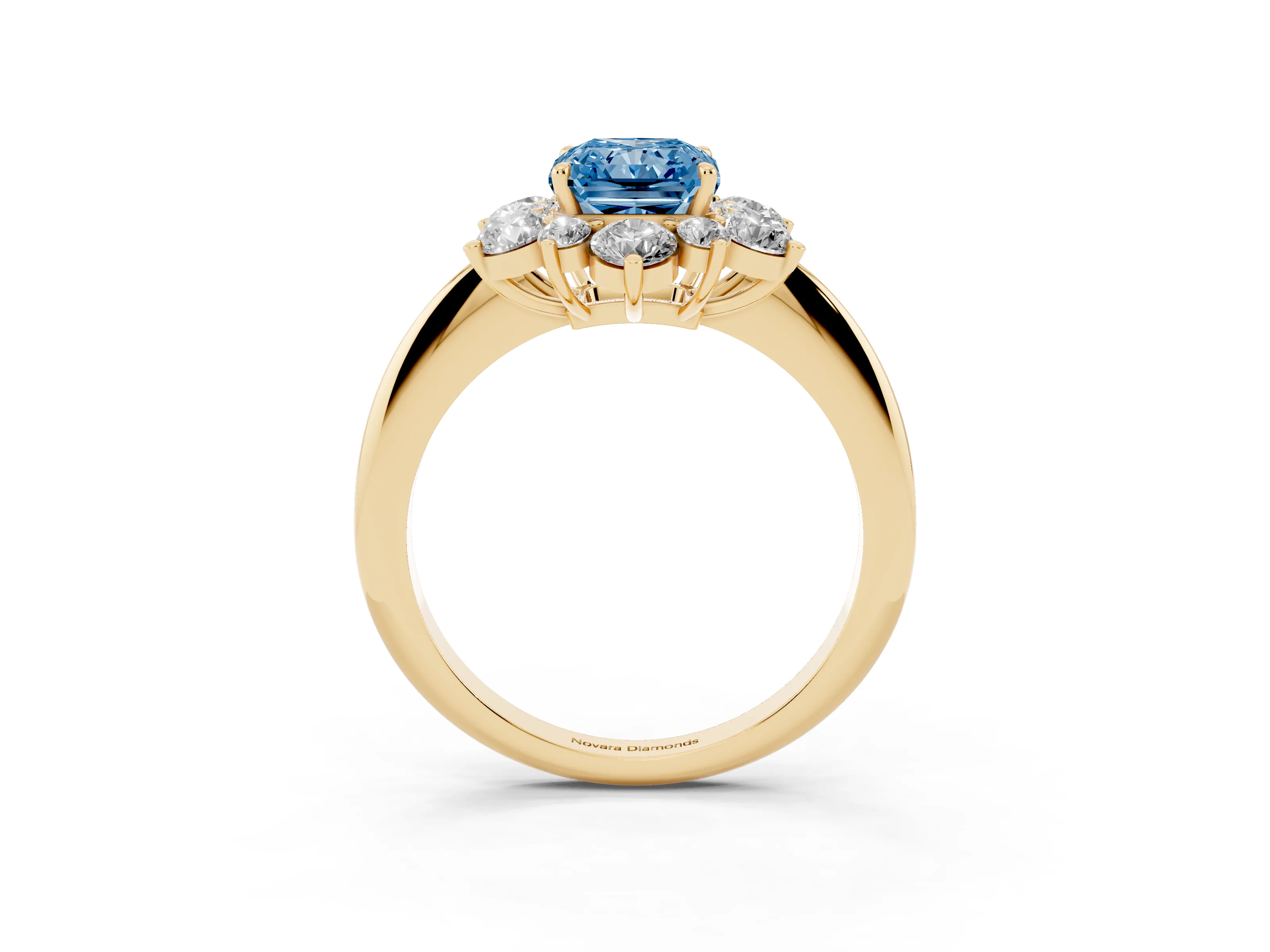 Fancy Blue Radiant Cut Diamond Cluster Halo Ring Set in Yellow gold with Solitaire Band and Prong Setting