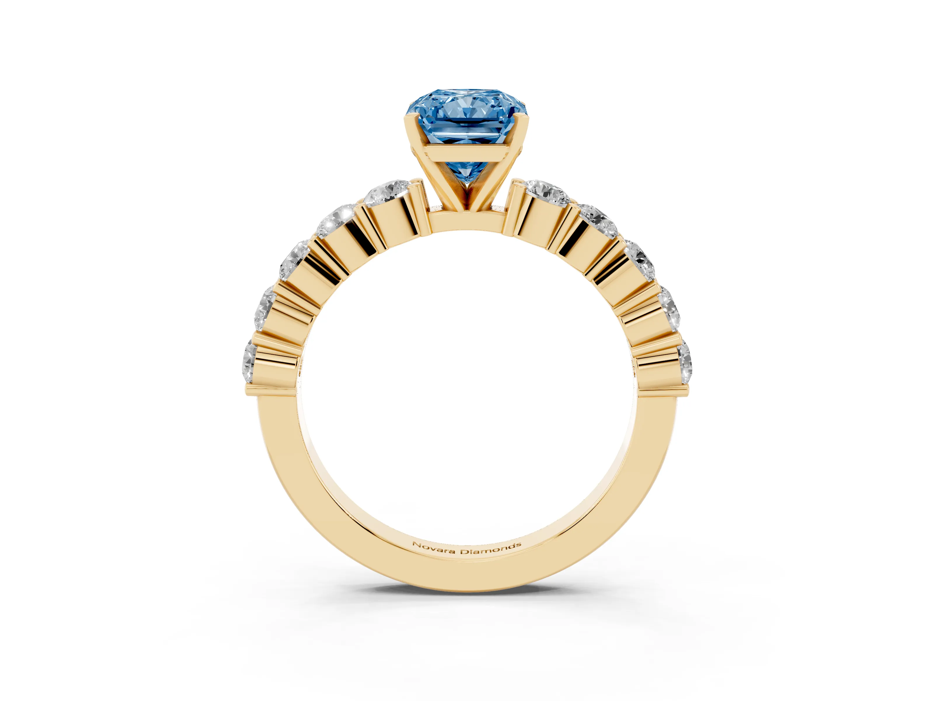 Fancy Blue Radiant Cut Diamond Solitaire Ring Set in Yellow gold with Shared Prong Round Side Stones