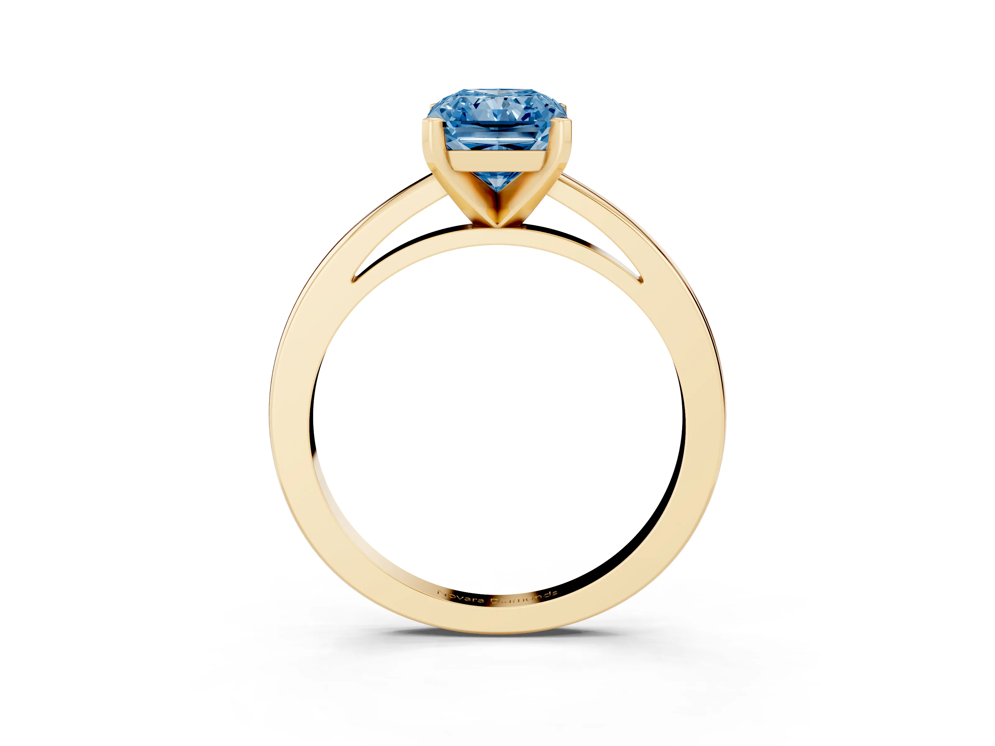 Fancy Blue Radiant Cut Diamond Solitaire Engagement Ring Set in Yellow gold with Prong Setting on a Classic Band