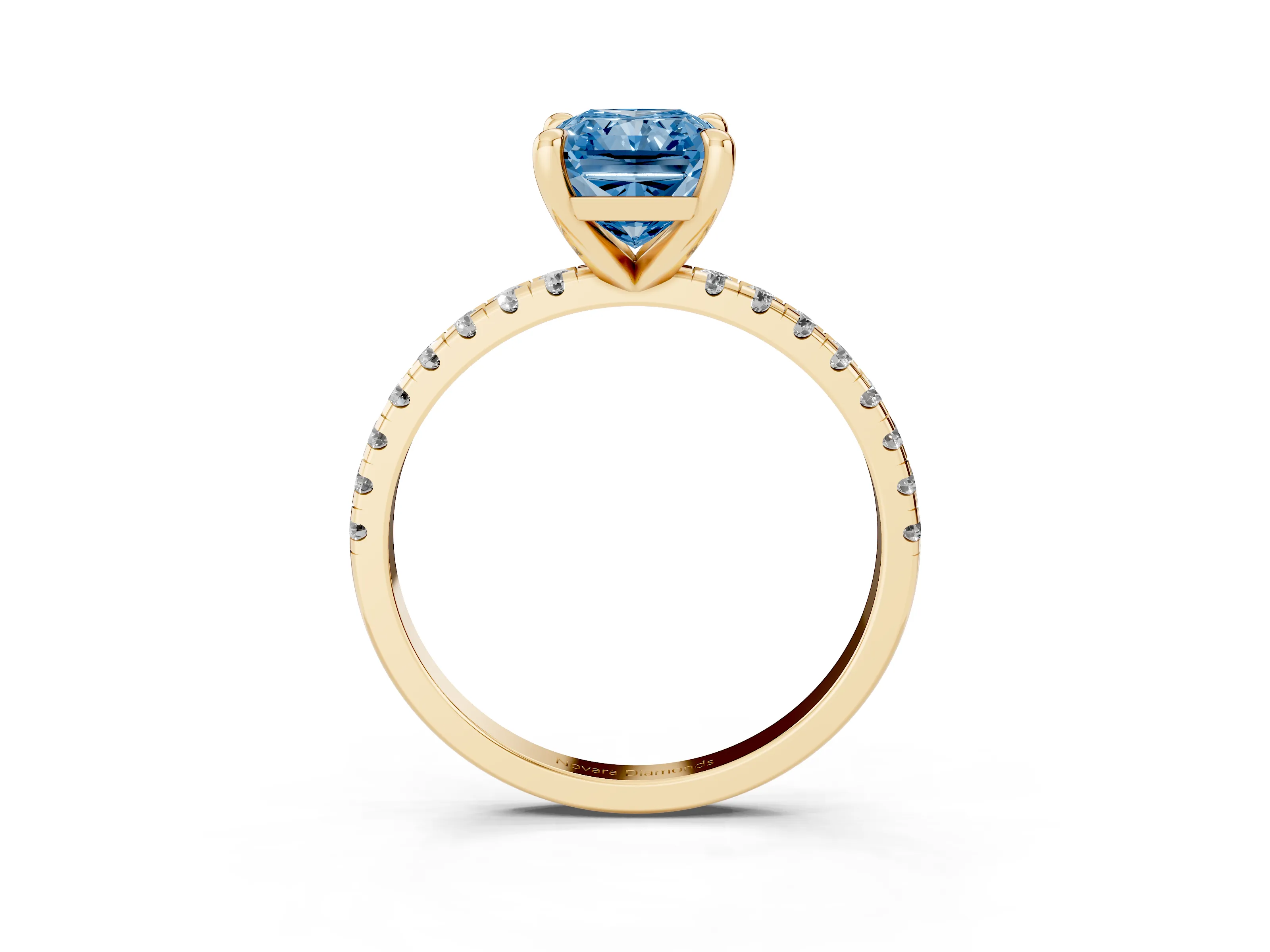 Fancy Blue Radiant Cut Diamond Brilliant Solitaire Ring Set in Yellow gold with Pavé Band and Prong Setting