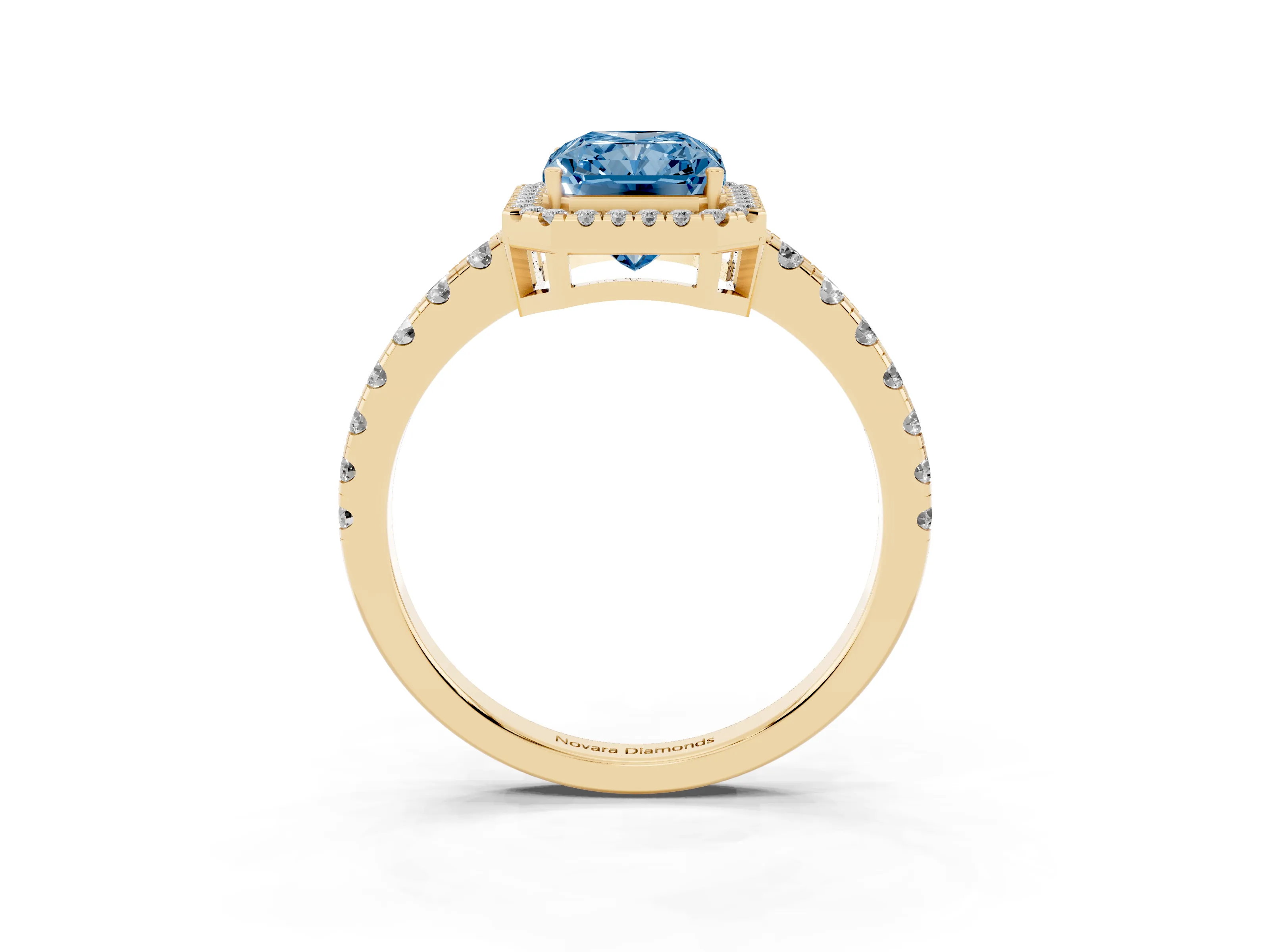 Fancy Blue Radiant Cut Diamond Halo Ring Set in Yellow gold with Delicate Pavé Band and Prong Setting