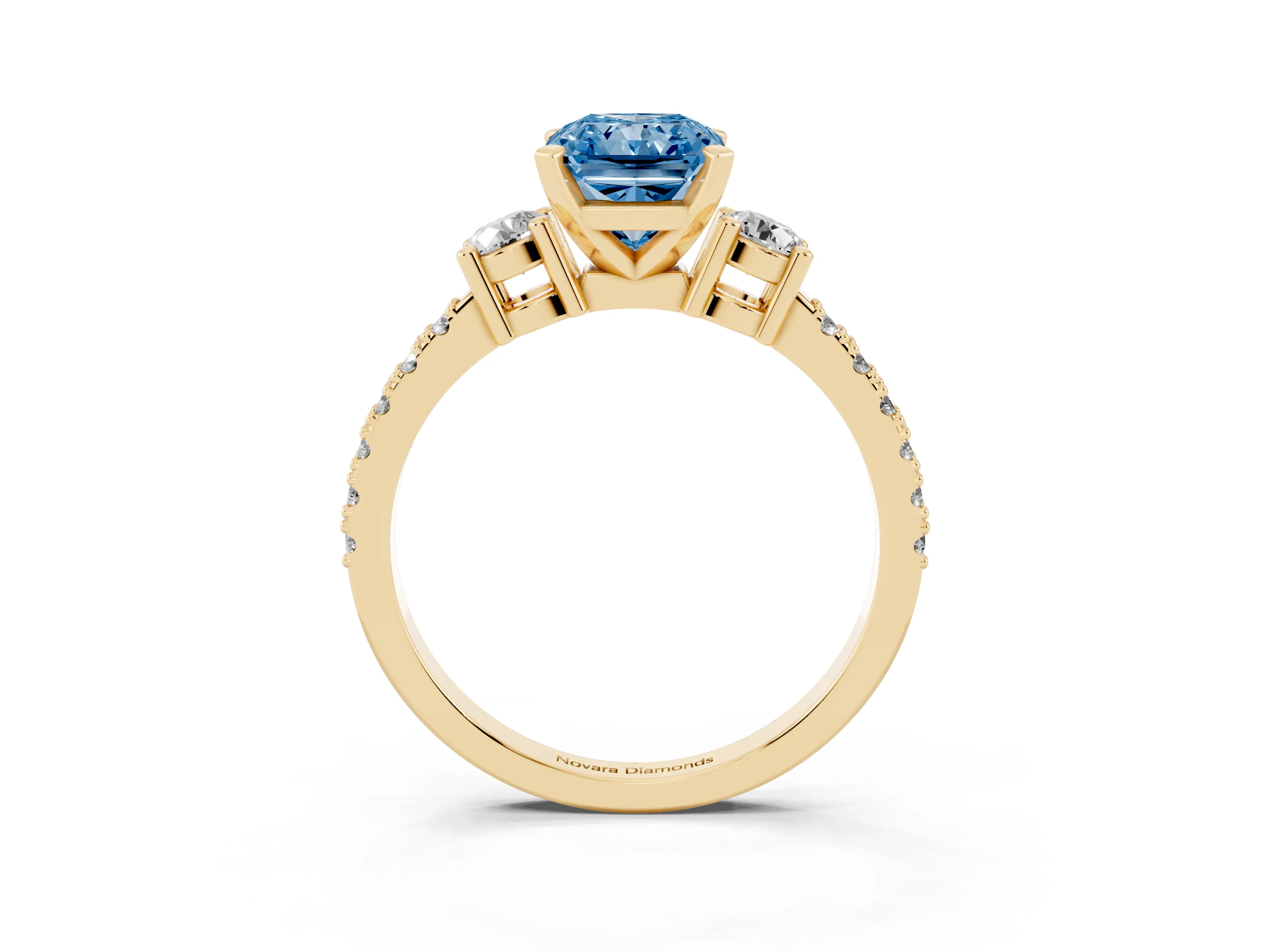 Fancy Blue Three-Stone Radiant Cut Diamond Pavé Band Ring Set in Yellow gold with Prong Setting