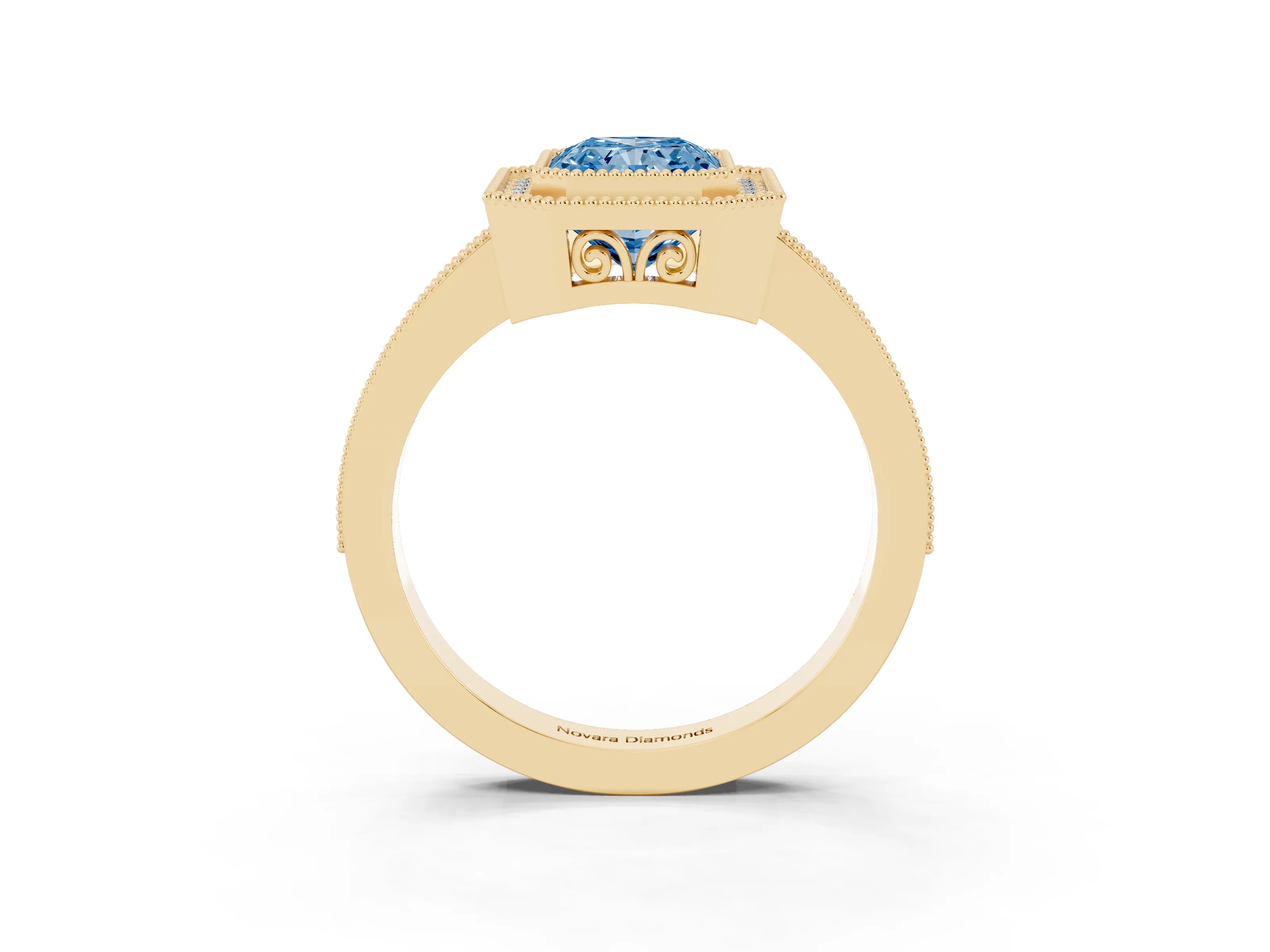 Fancy Blue Radiant Cut Diamond Halo Ring Set in Yellow gold with Pavé Band and Milgrain-Edged Prongs