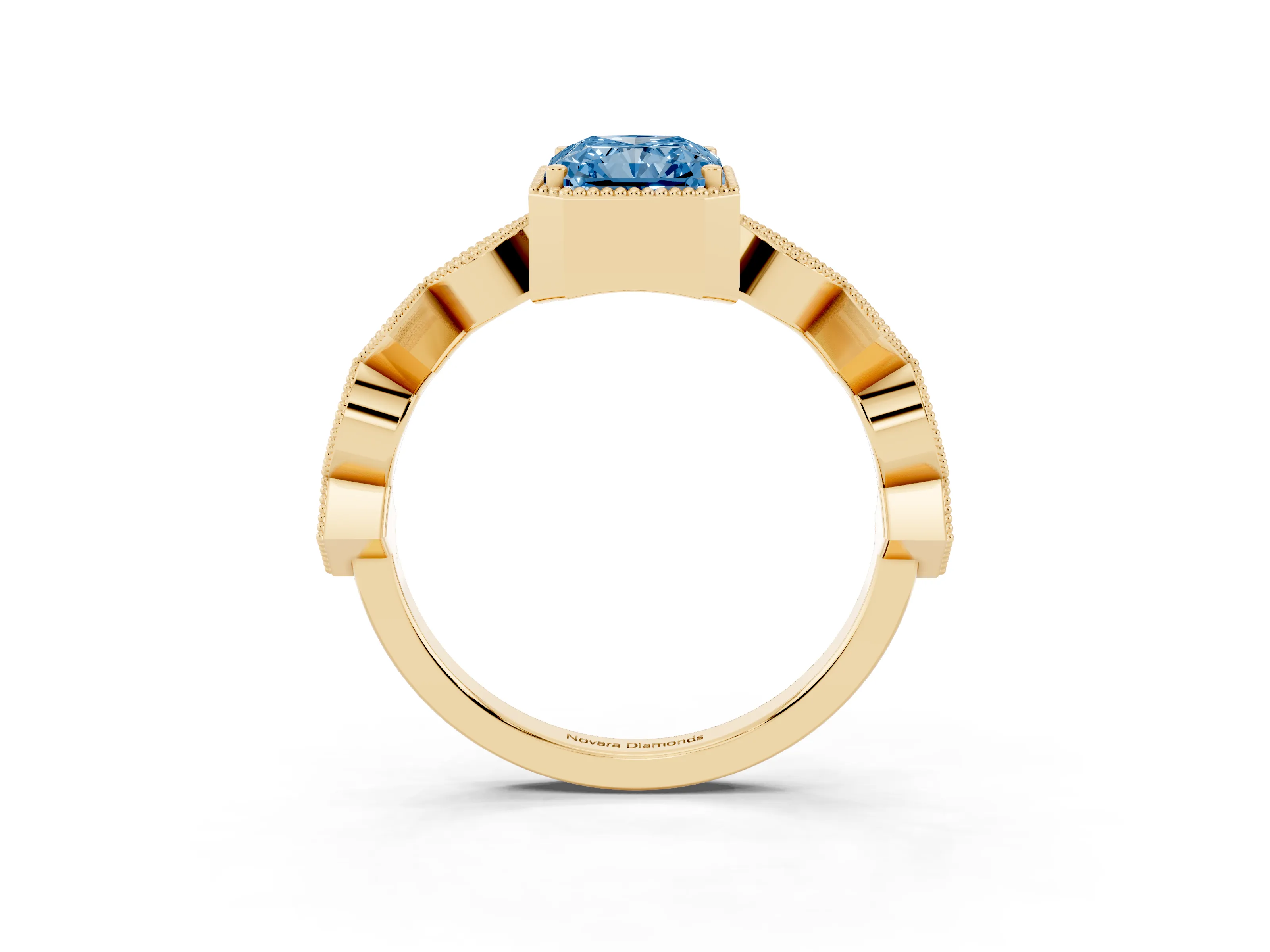 Fancy Blue Radiant Cut Diamond Milgrain Marquise Twist Band Ring Set in Yellow gold with Prong Setting