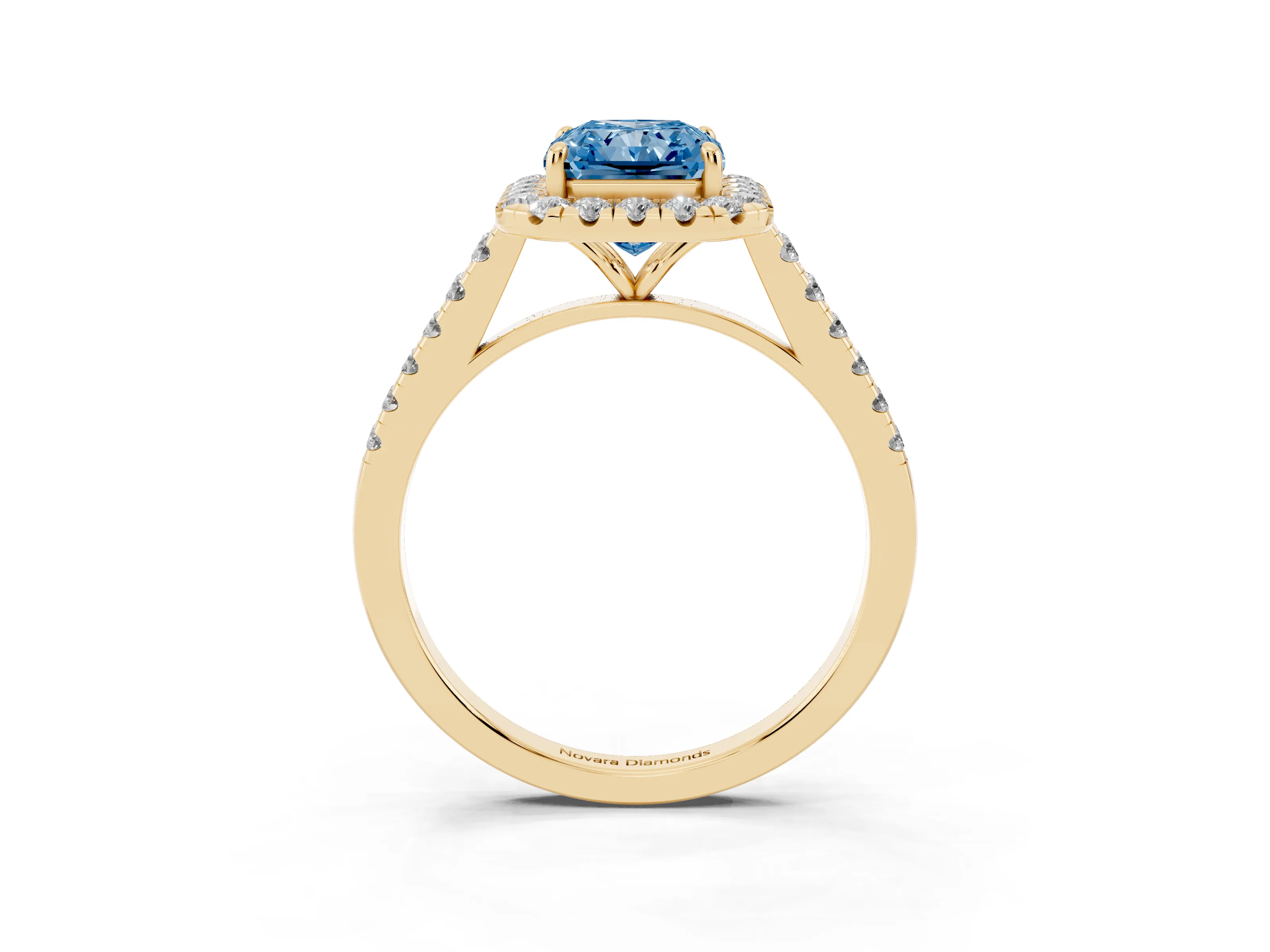 Fancy Blue Radiant Cut Diamond Halo Pavé Engagement Ring Set in Yellow gold with Prong Setting