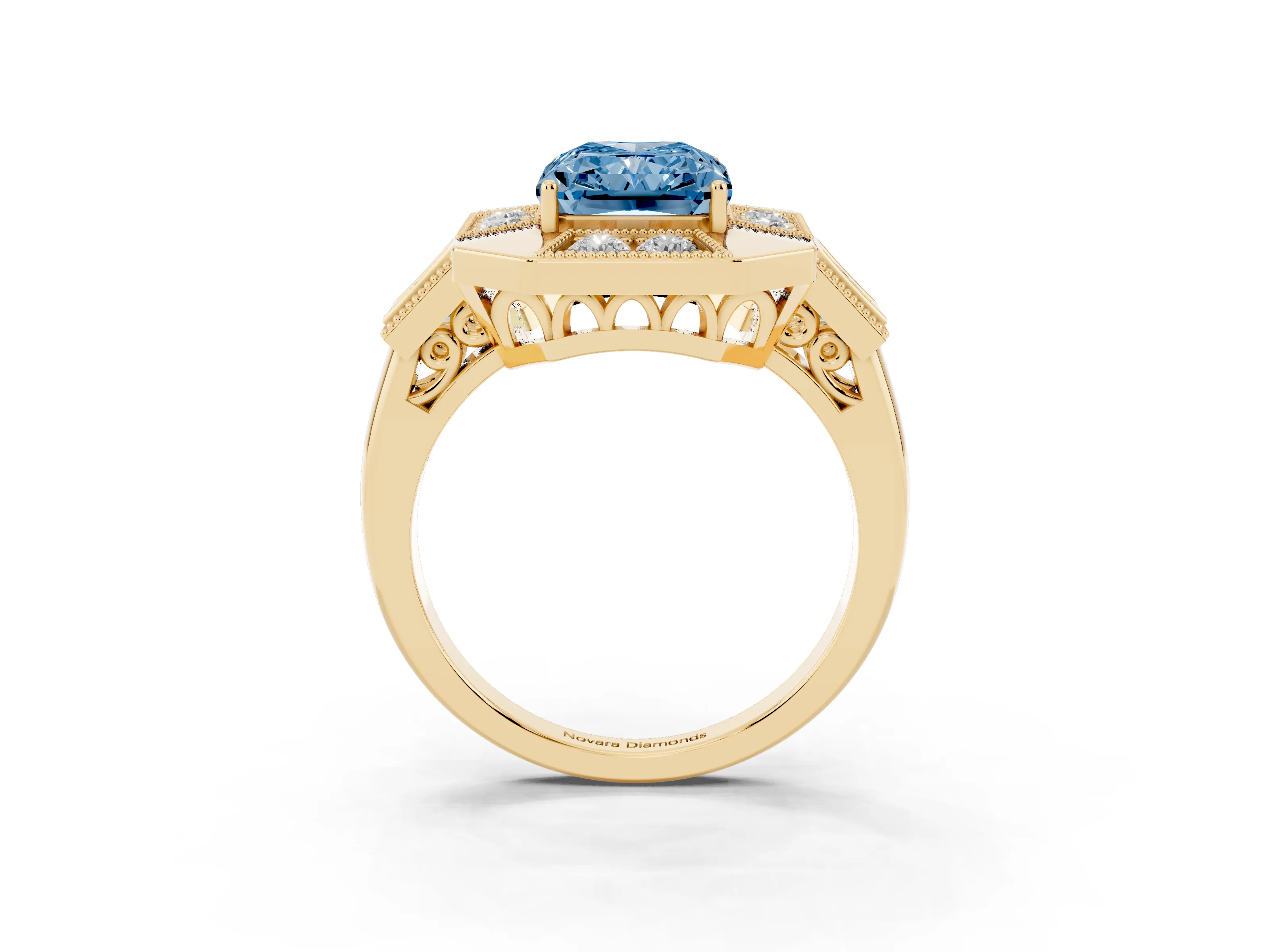 Fancy Blue Radiant Cut Diamond Milgrain Halo Ring Set in Yellow gold with Split Shank