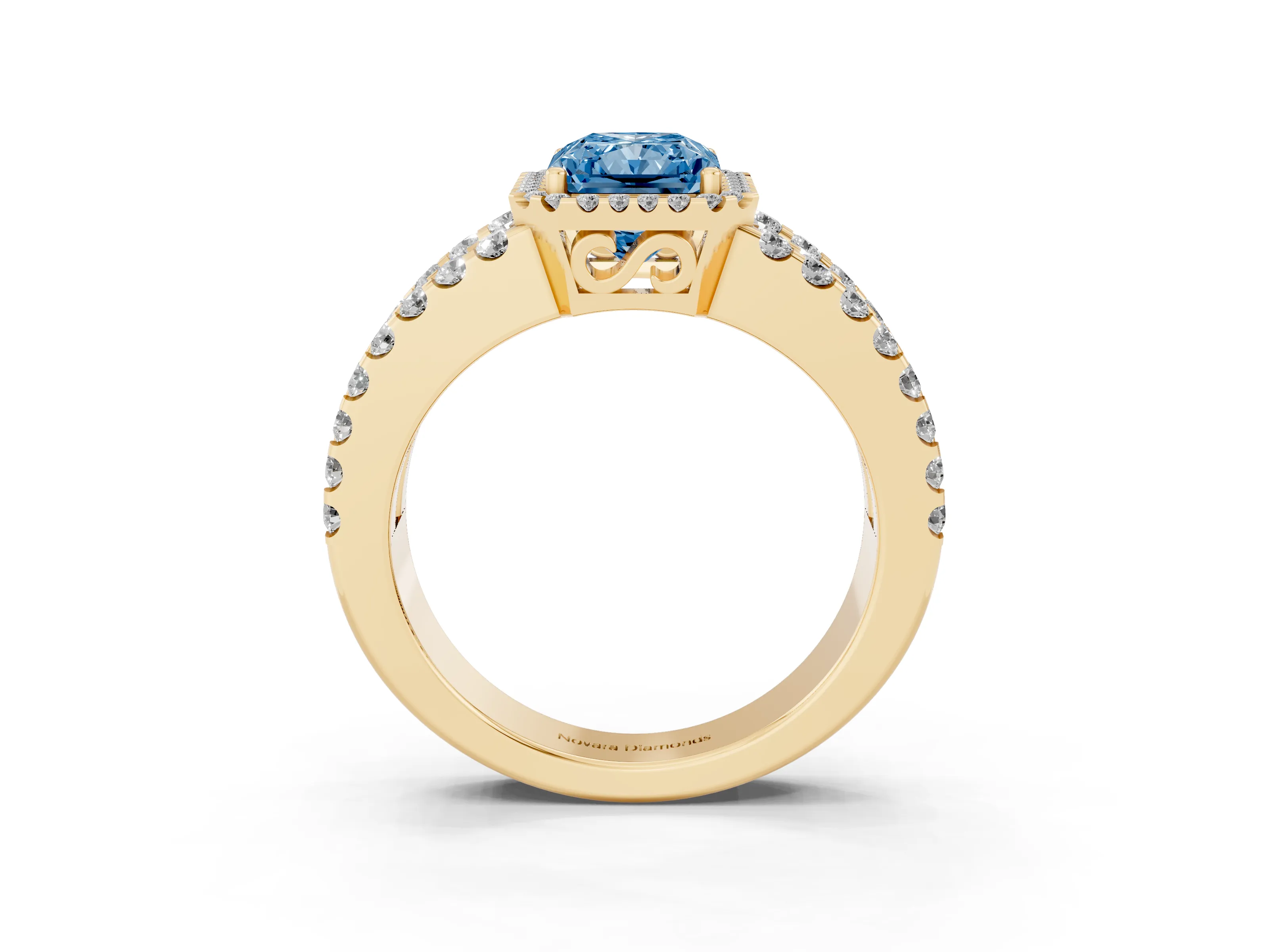 Fancy Blue Radiant Cut Diamond Halo Ring Set in Yellow gold with Pavé Split Shank and Prong Setting