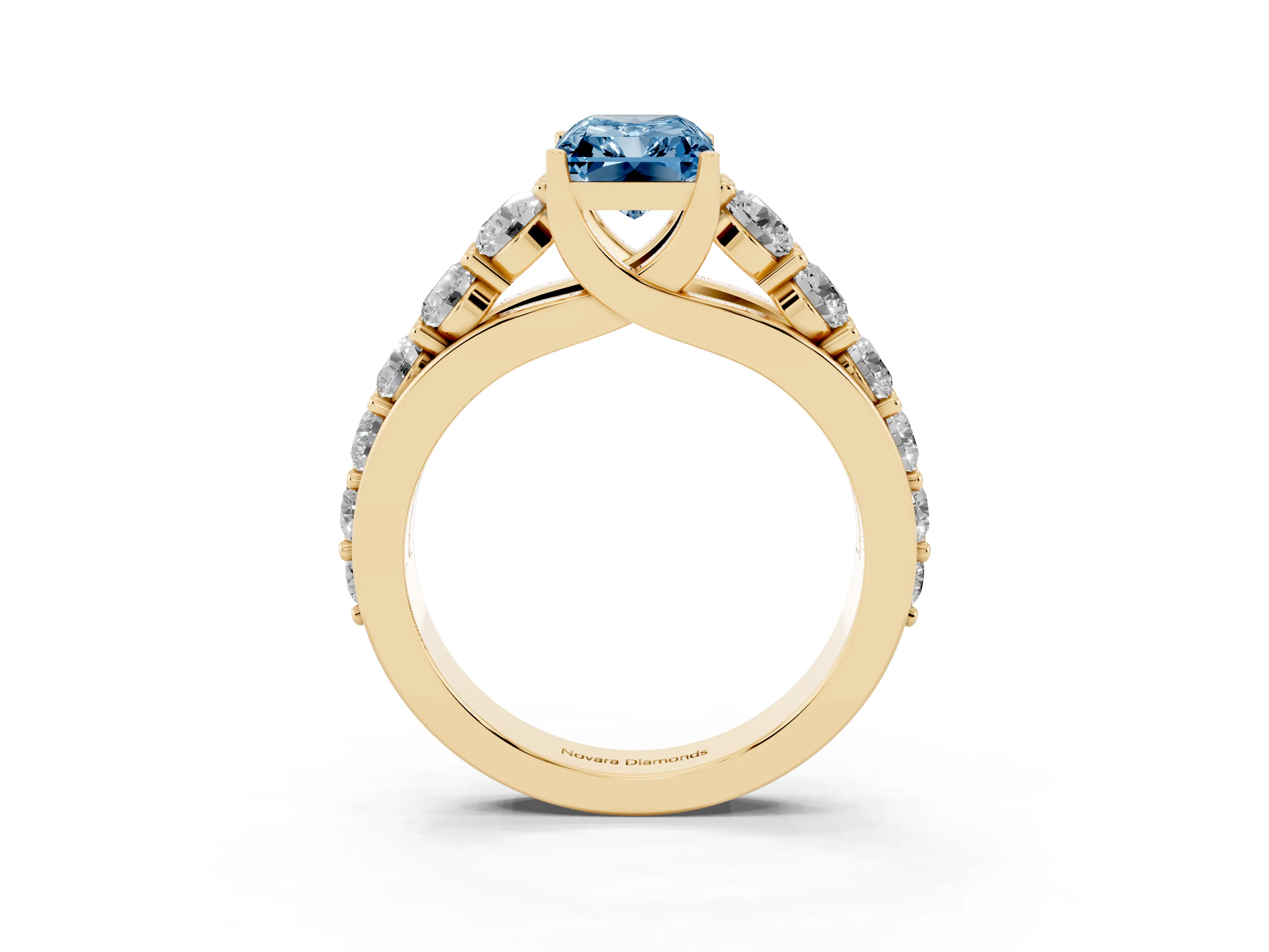 Fancy Blue Radiant Cut Diamond Pavé Engagement Ring Set in Yellow gold with Prong Setting