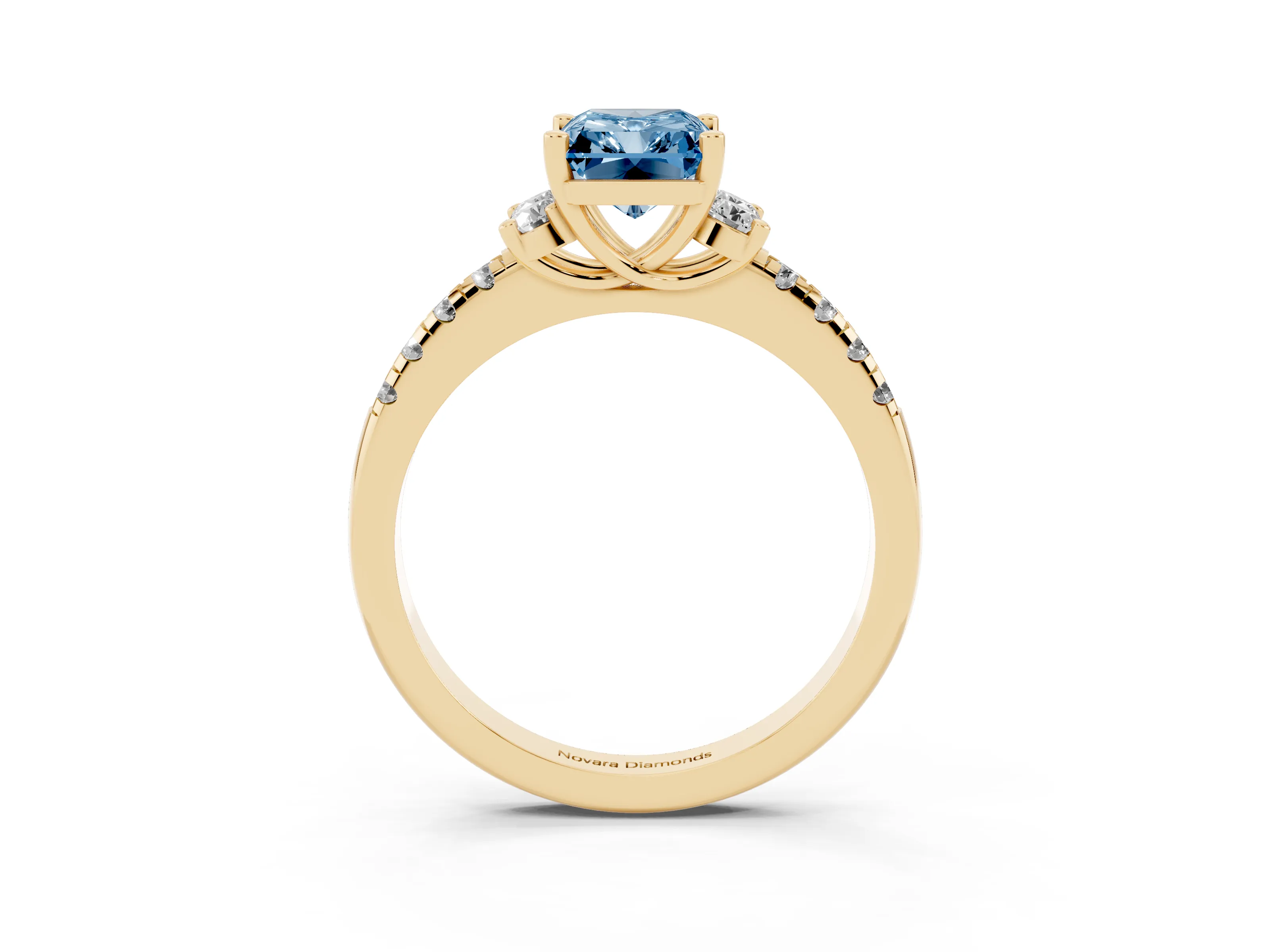 Fancy Blue Radiant Cut Diamond Three-Stone Pavé Ring Set in Yellow gold with Prong Setting