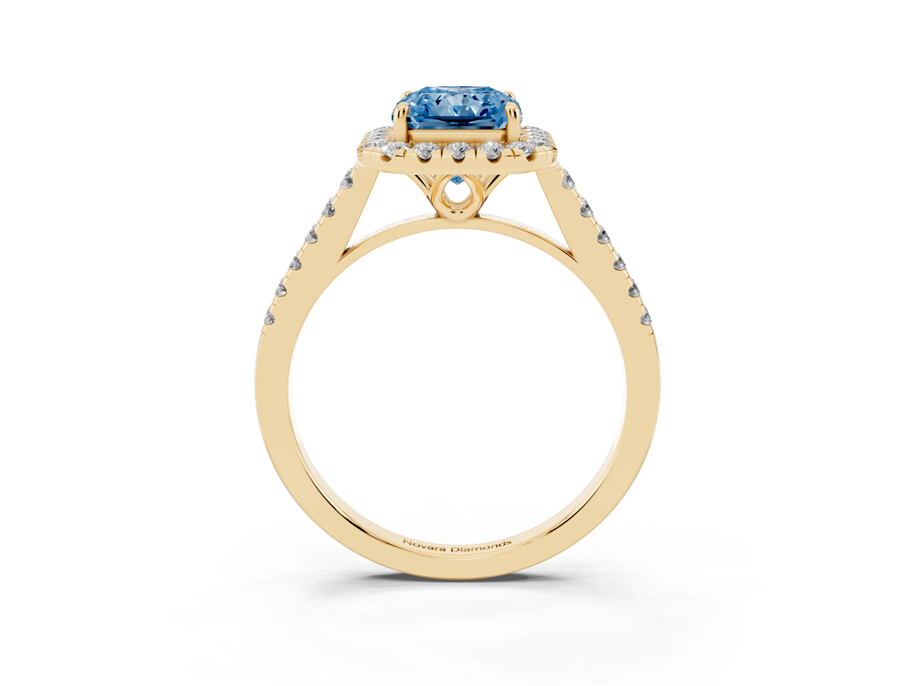 Fancy Blue Radiant Cut Diamond Pavé Halo Engagement Ring Set in Yellow gold with Pavé Band and Prong Setting