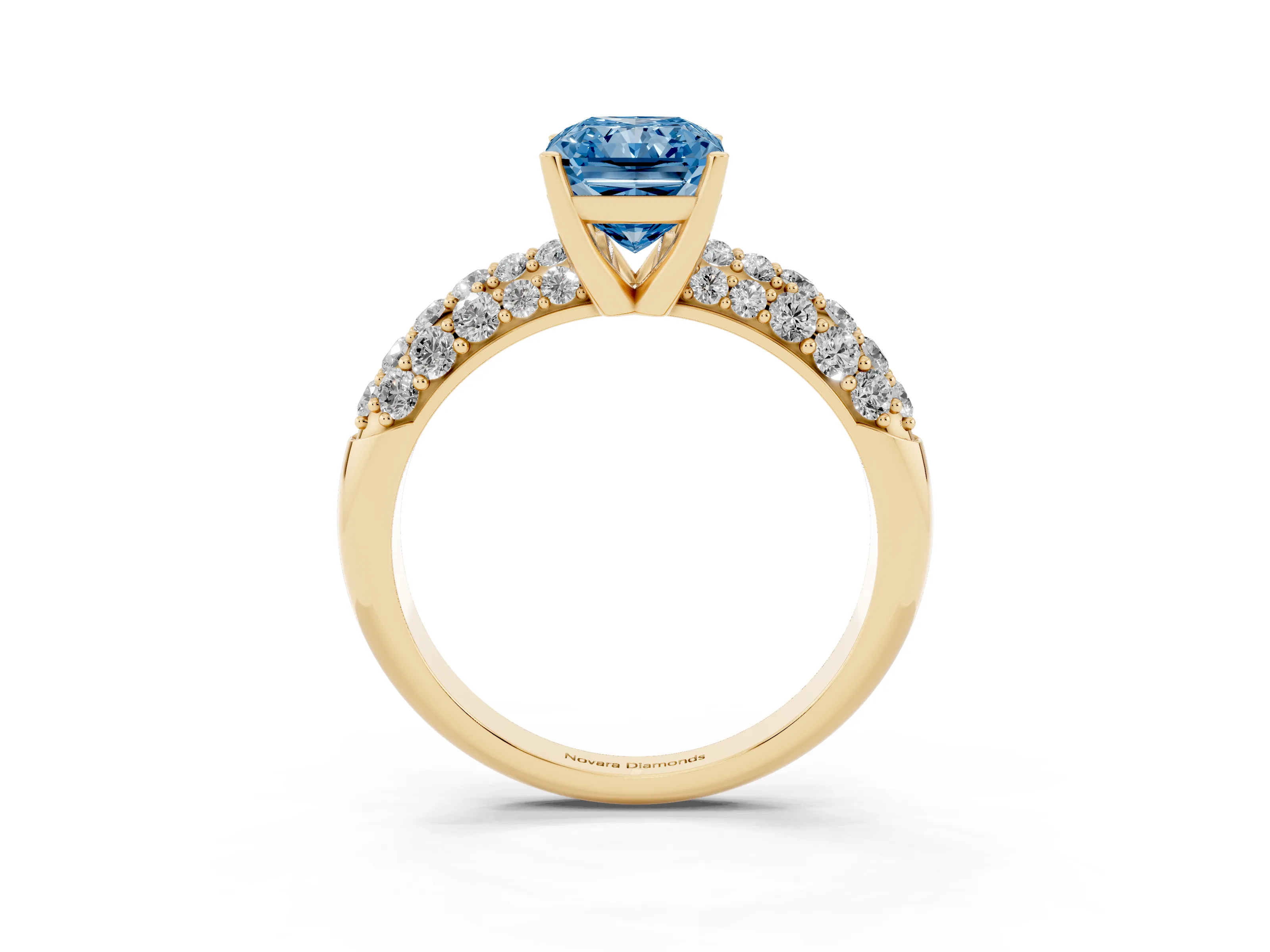Fancy Blue Radiant Cut Diamond Pavé Band Solitaire Ring Set in Yellow gold with Close-Set Accent Stones and Prong Setting