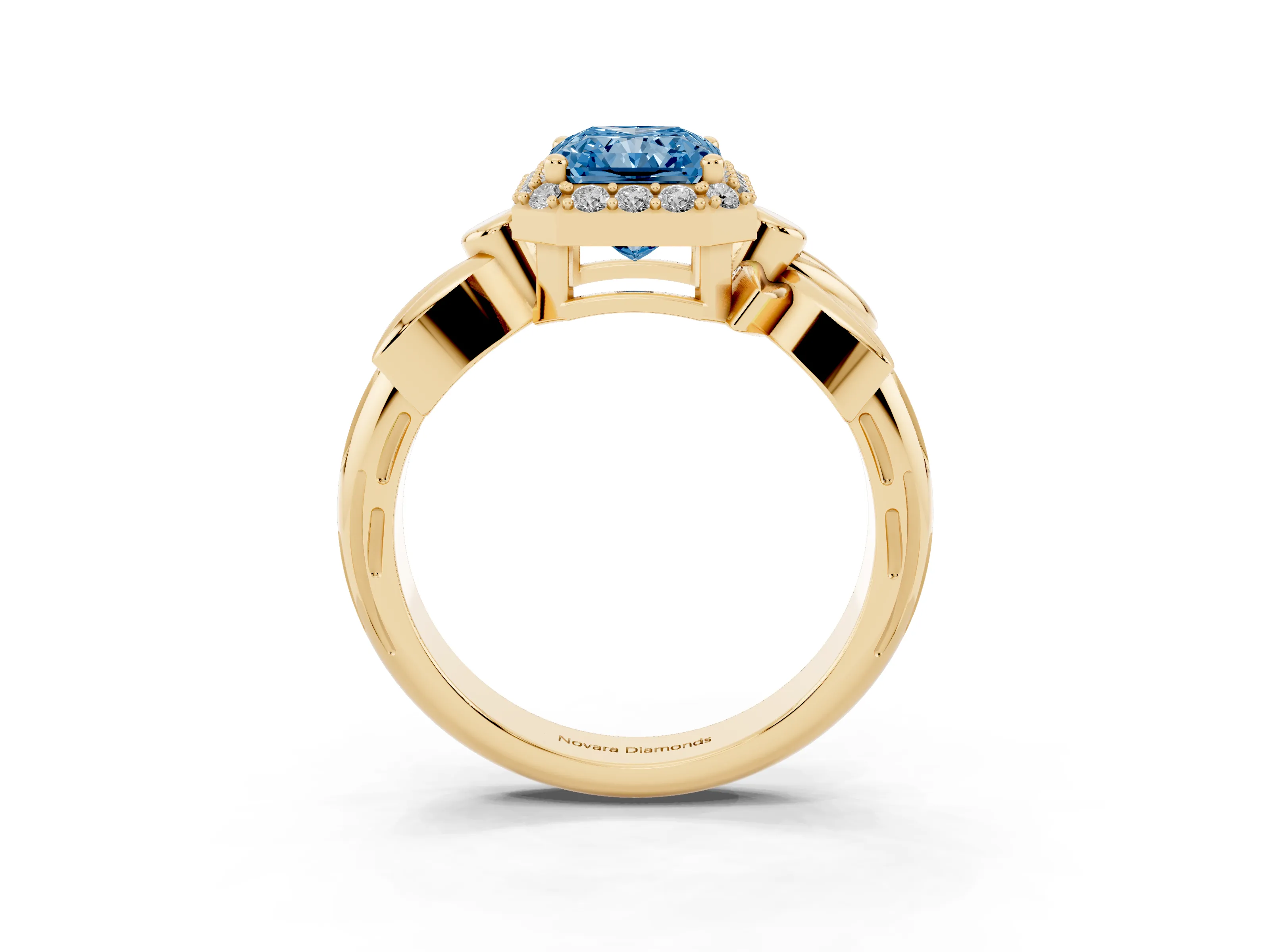 Fancy Blue Radiant Cut Diamond Halo Floral Band Ring Set in Yellow gold with Prong Setting
