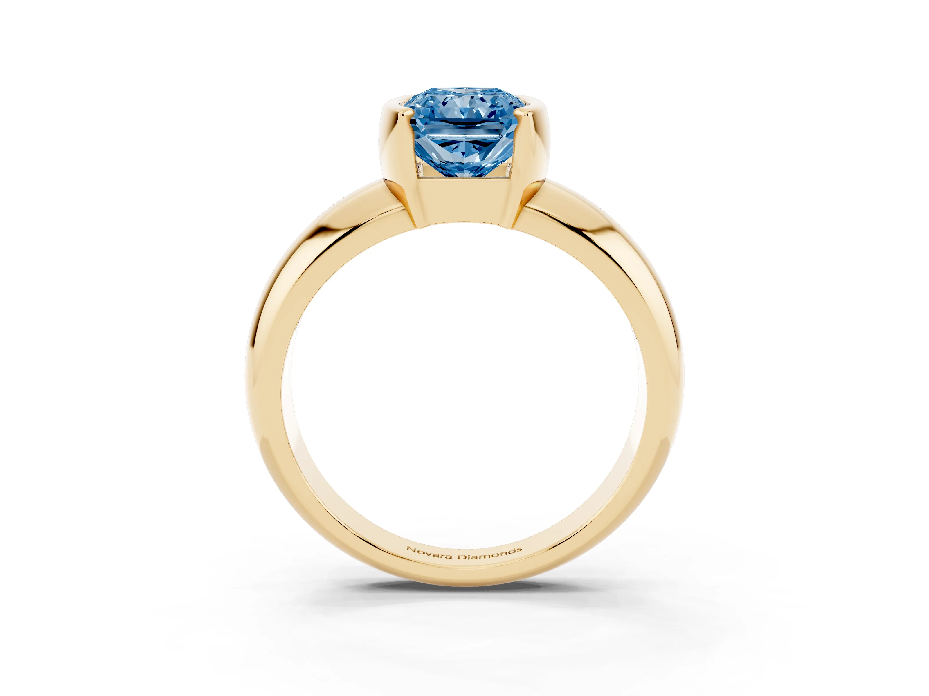 Fancy Blue Radiant Cut Diamond Solitaire Tension Set Ring Set in Yellow gold with Wide Band