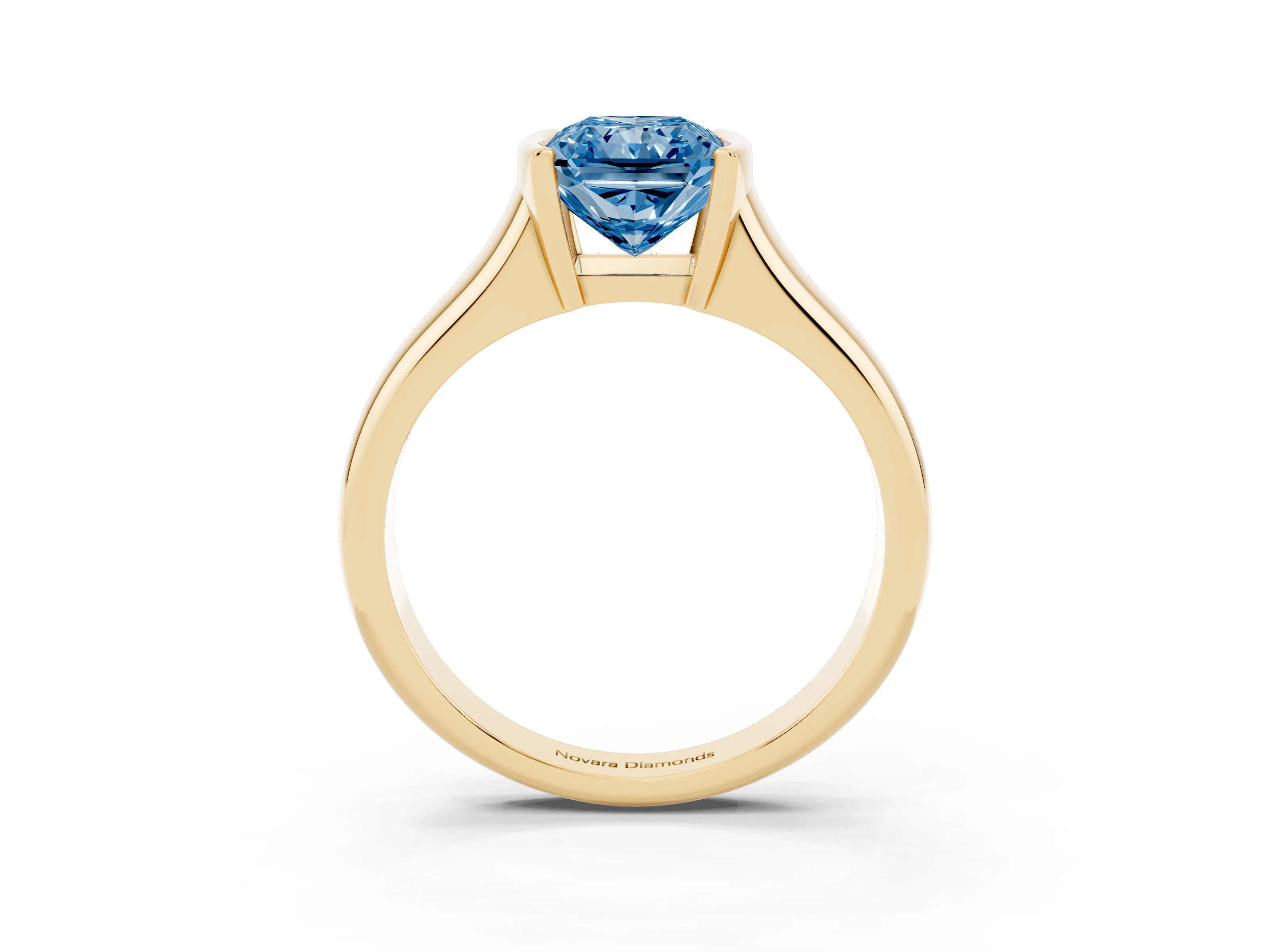 Fancy Blue Radiant Cut Diamond Solitaire Tension Set Ring Set in Yellow gold with Split Shank Band