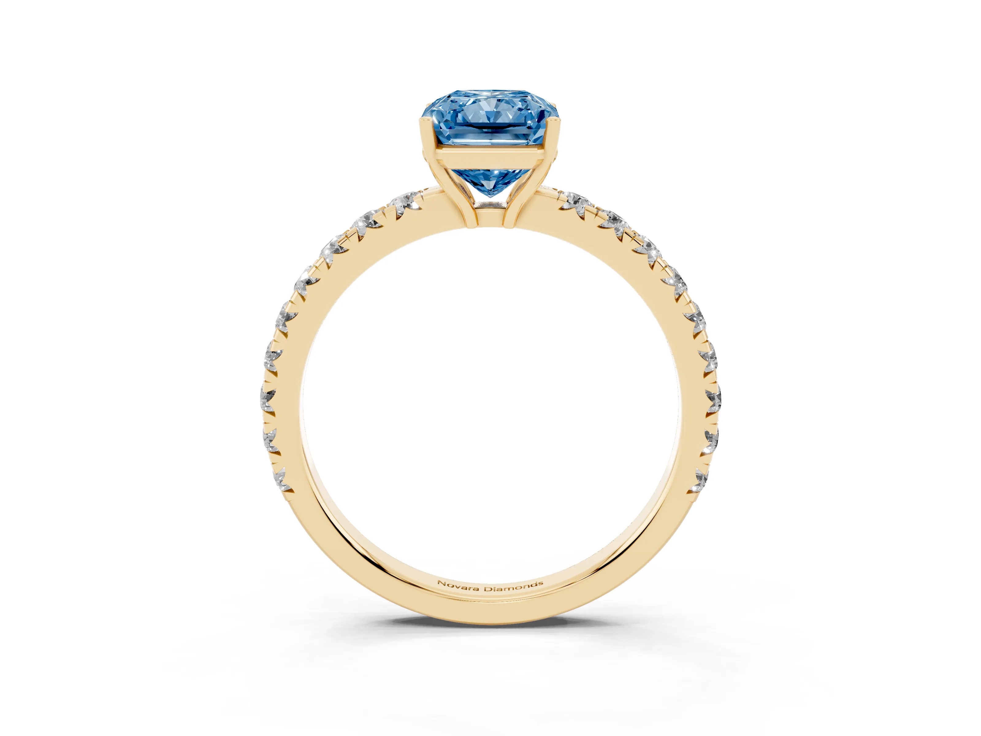 Fancy Blue Radiant Cut Diamond Pavé Solitaire Engagement Ring Set in Yellow gold with Prong Setting