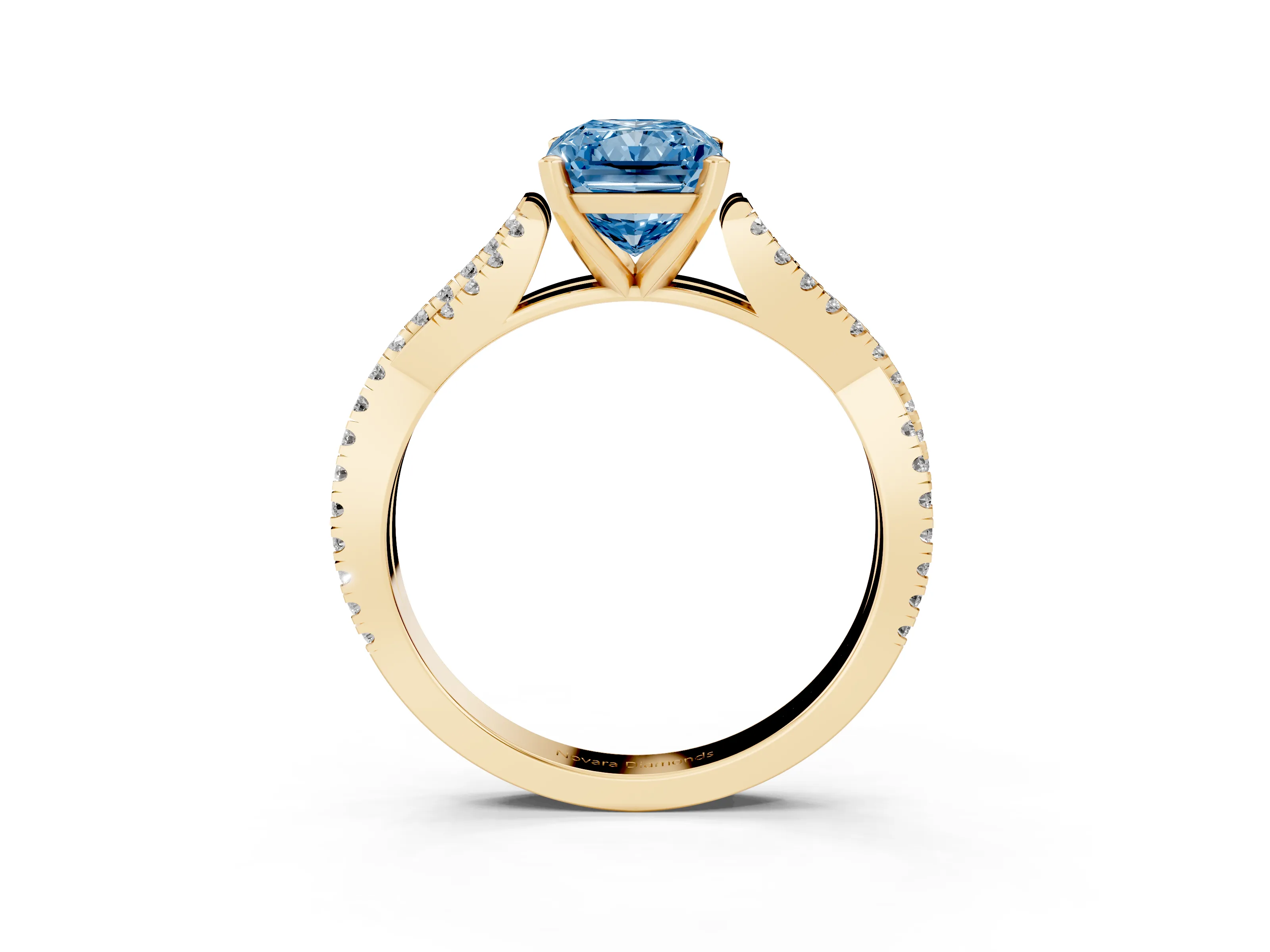 Fancy Blue Radiant Cut Diamond Solitaire Engagement Ring Set in Yellow gold with Twisted Pavé Band and Prong Setting