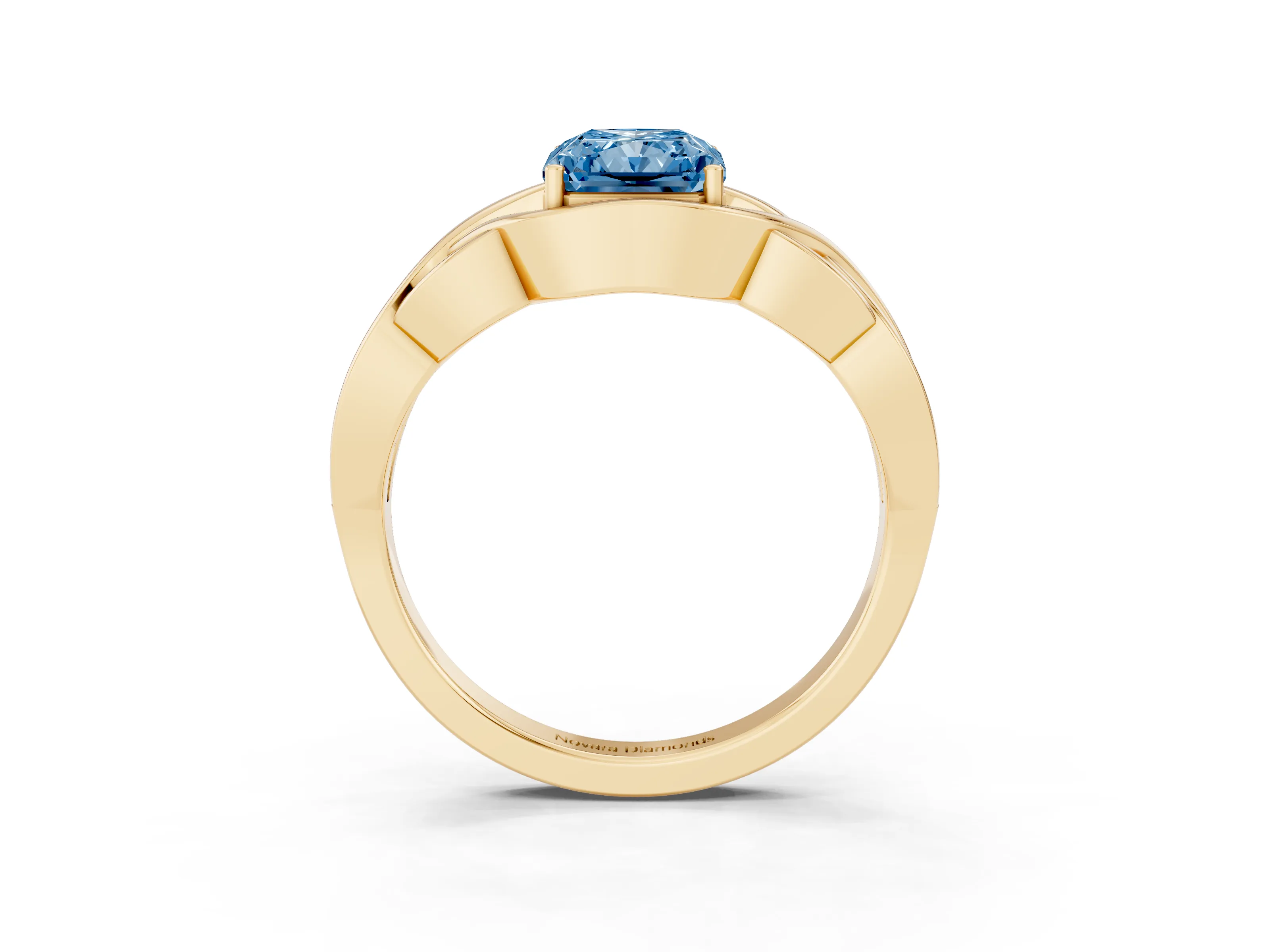 Fancy Blue Radiant Cut Diamond Solitaire Ring Set in Yellow gold with Intertwined Band