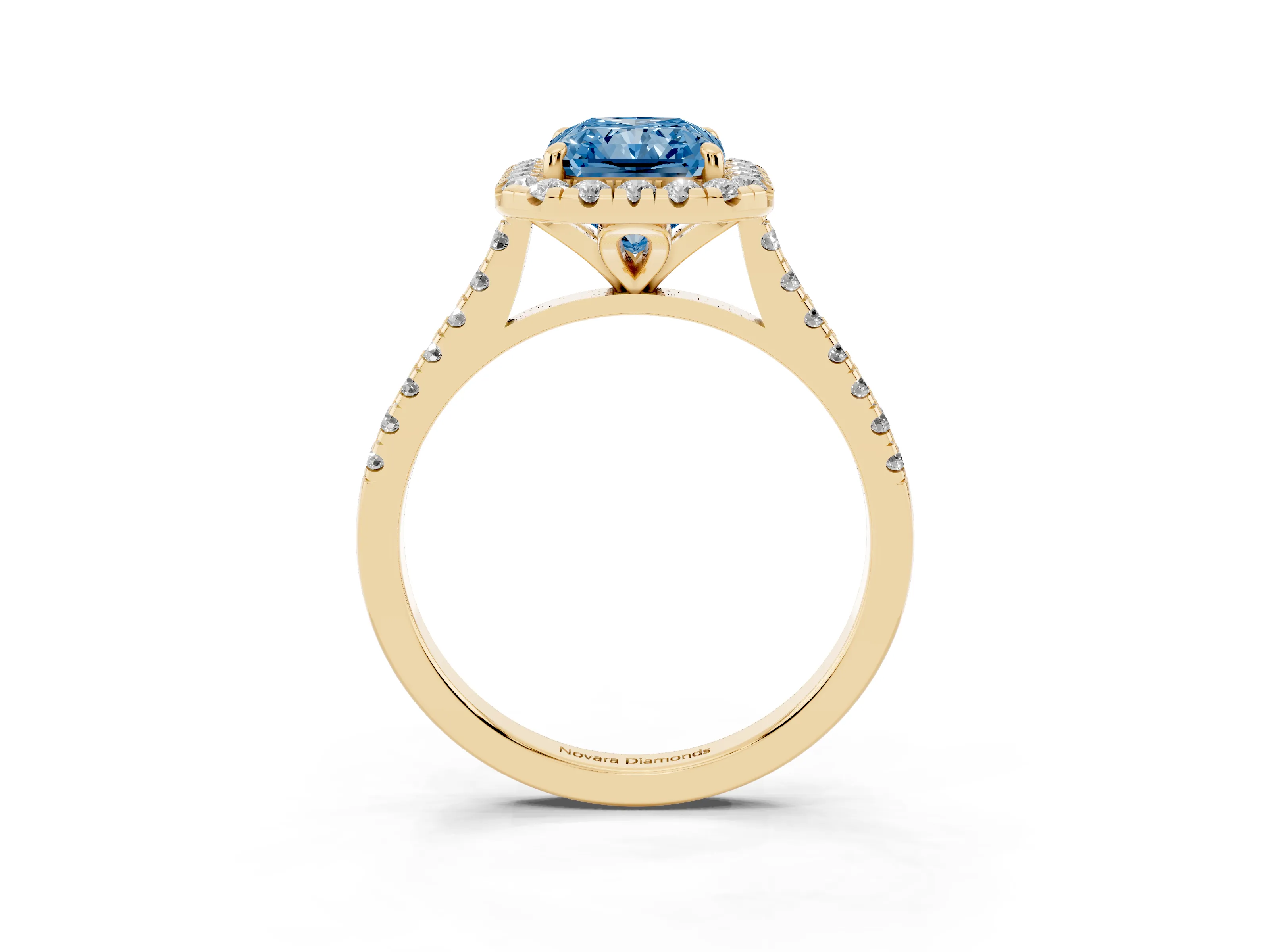 Fancy Blue Radiant Cut Diamond Cushion Halo Ring Set in Yellow gold with Pavé Band