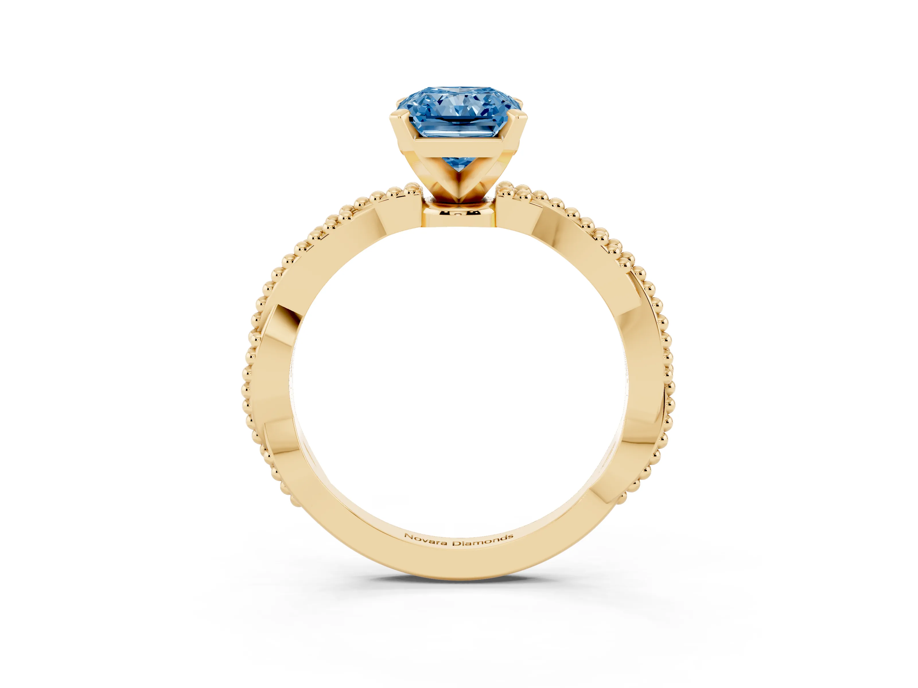Fancy Blue Radiant Cut Diamond Solitaire Ring Set in Yellow gold with Twisted Band and Bead Prong Setting