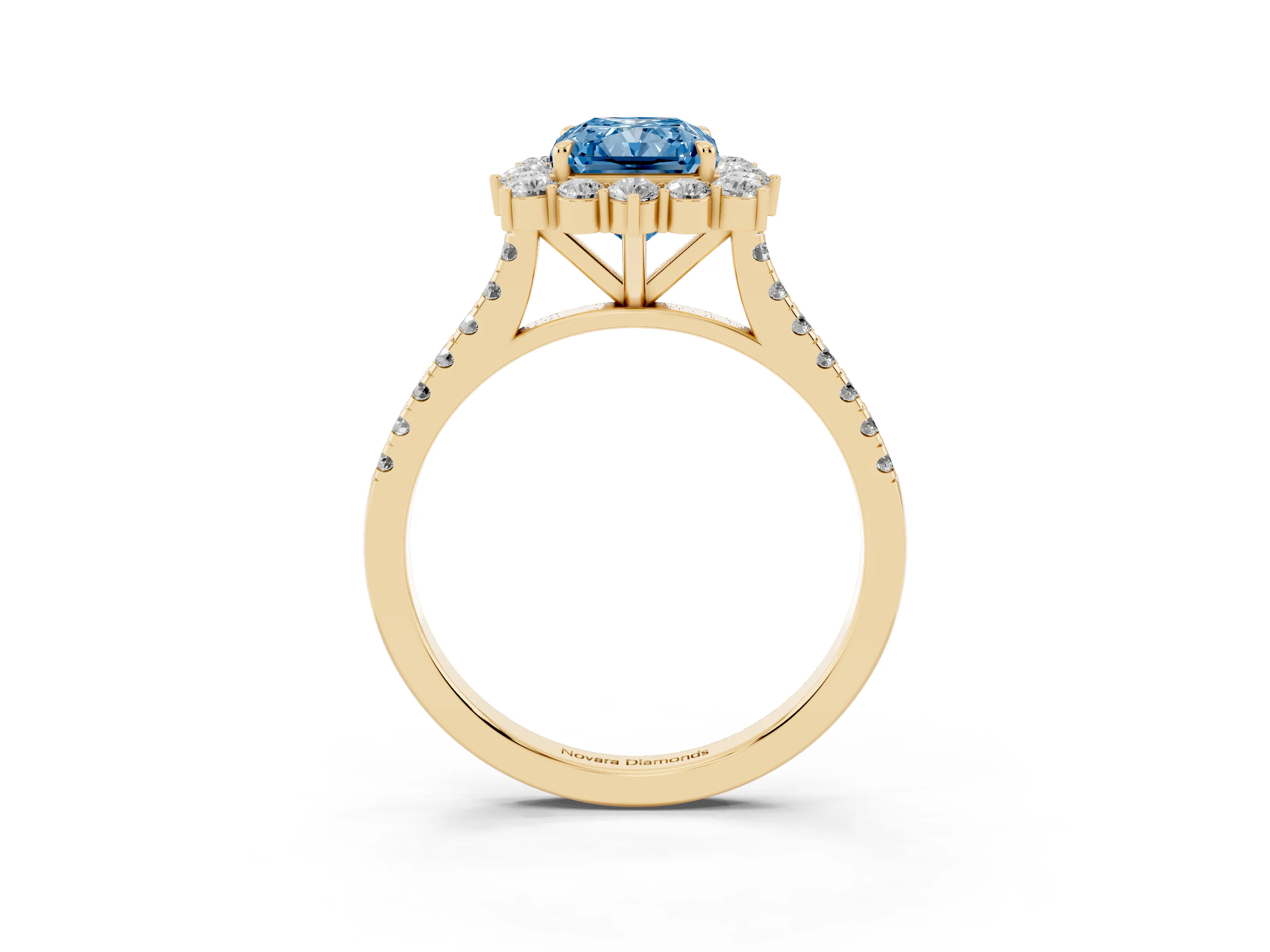 Fancy Blue Radiant Cut Diamond Halo Ring Set in Yellow gold with Pavé Band and Prong Setting