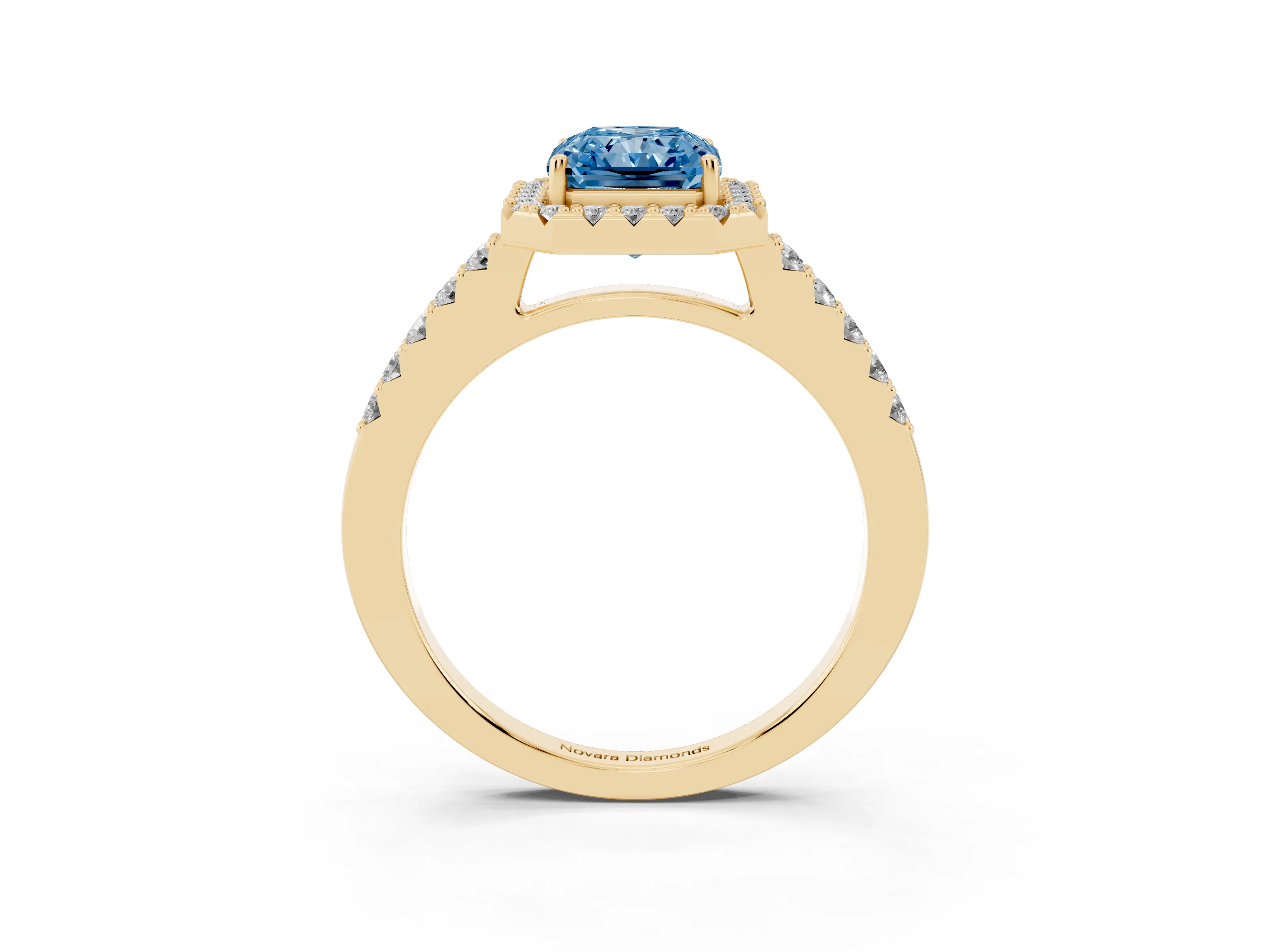 Fancy Blue Radiant Cut Diamond Halo Pavé Solitaire Ring Set in Yellow gold with Prong-Set Center Stone