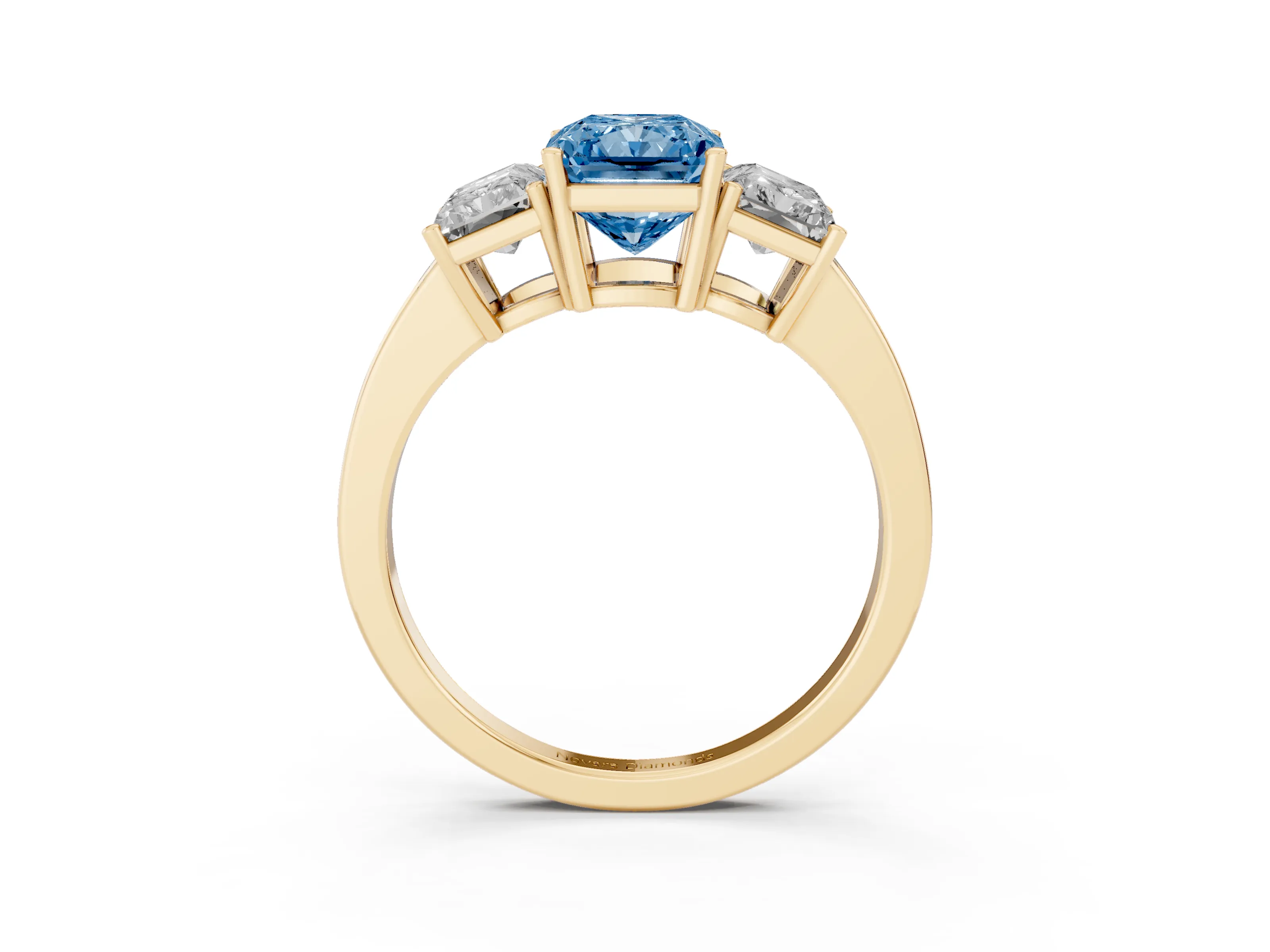 Fancy Blue Radiant Cut Diamond Three-Stone Engagement Ring Set in Yellow gold with Flat Band