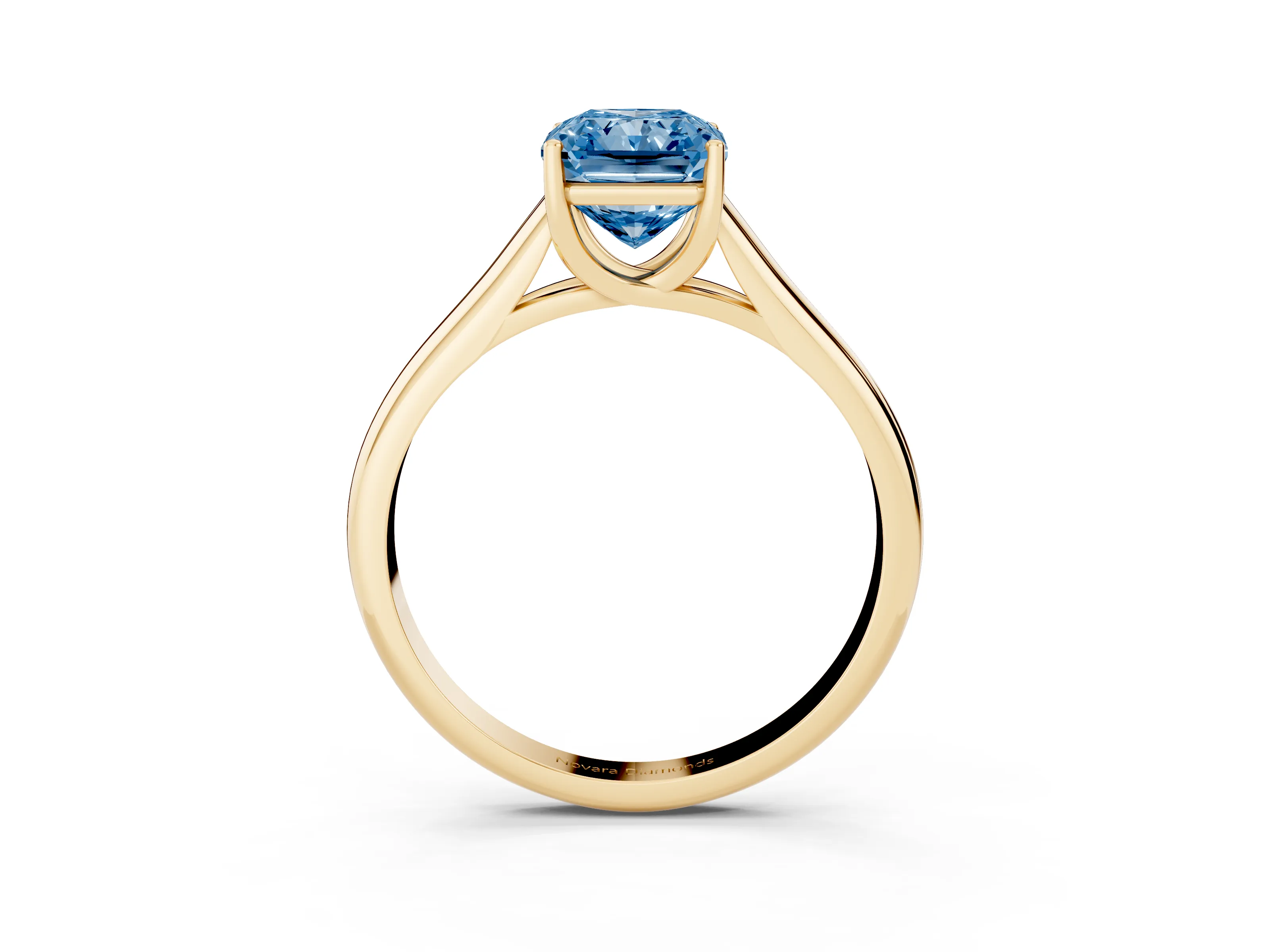Fancy Blue Radiant Cut Diamond Solitaire Engagement Ring Set in Yellow gold with Subtly Tapered Band and Prong Setting