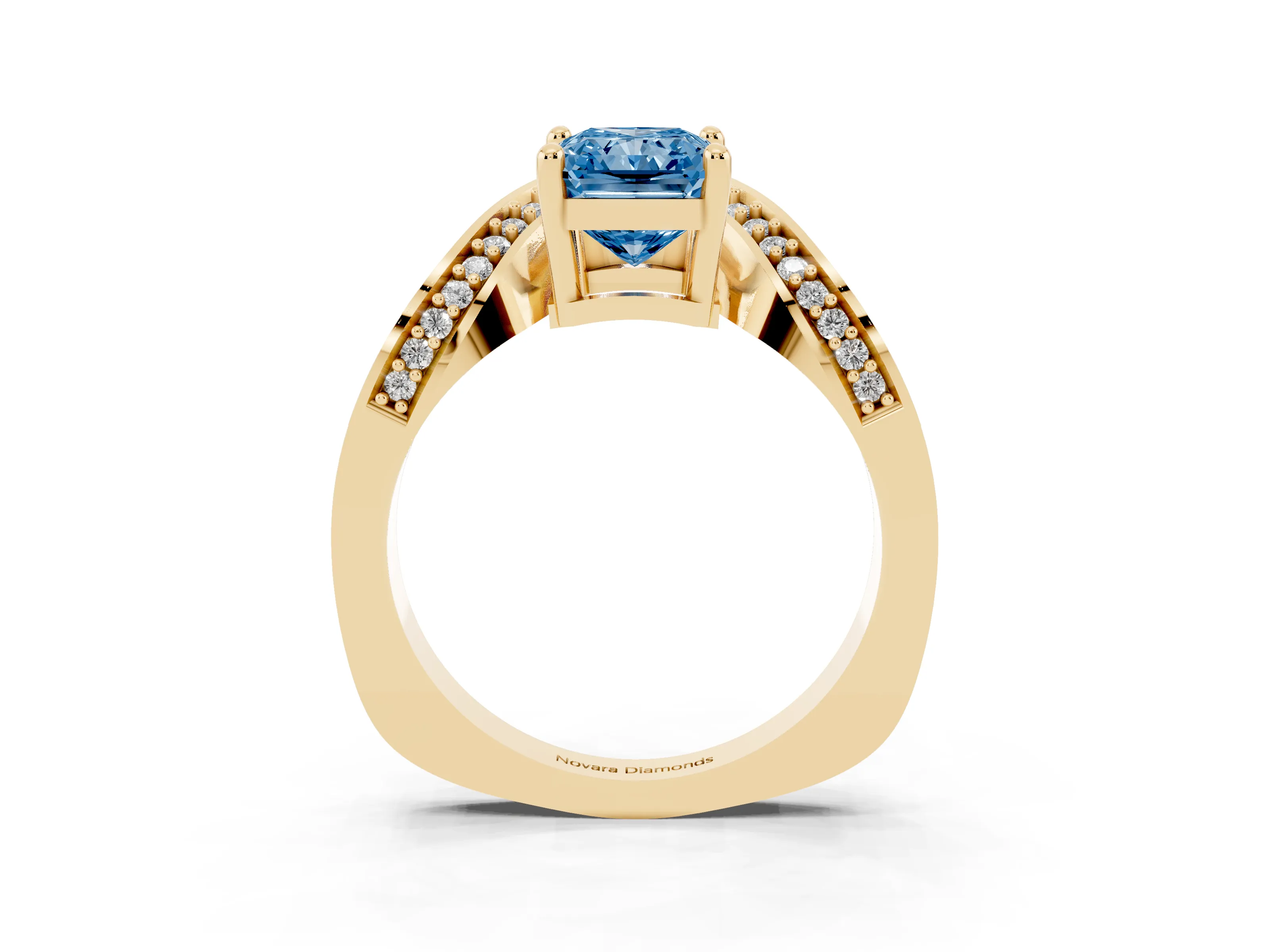 Fancy Blue Radiant Cut Diamond Solitaire Engagement Ring Set in Yellow gold with Pavé Shoulders