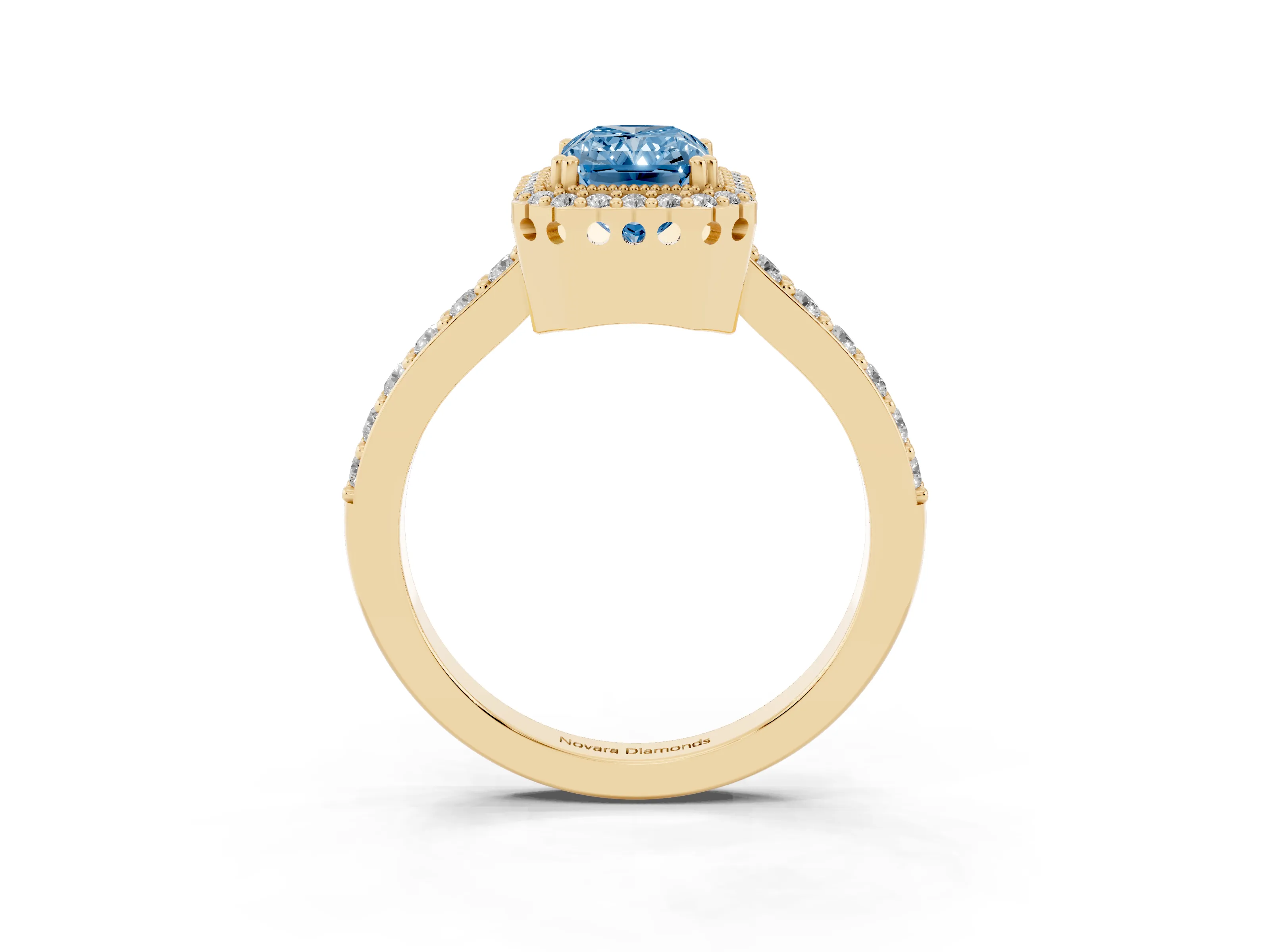 Fancy Blue Radiant Cut Diamond Halo Engagement Ring Set in Yellow gold with Milgrain Detail and Pavé Band