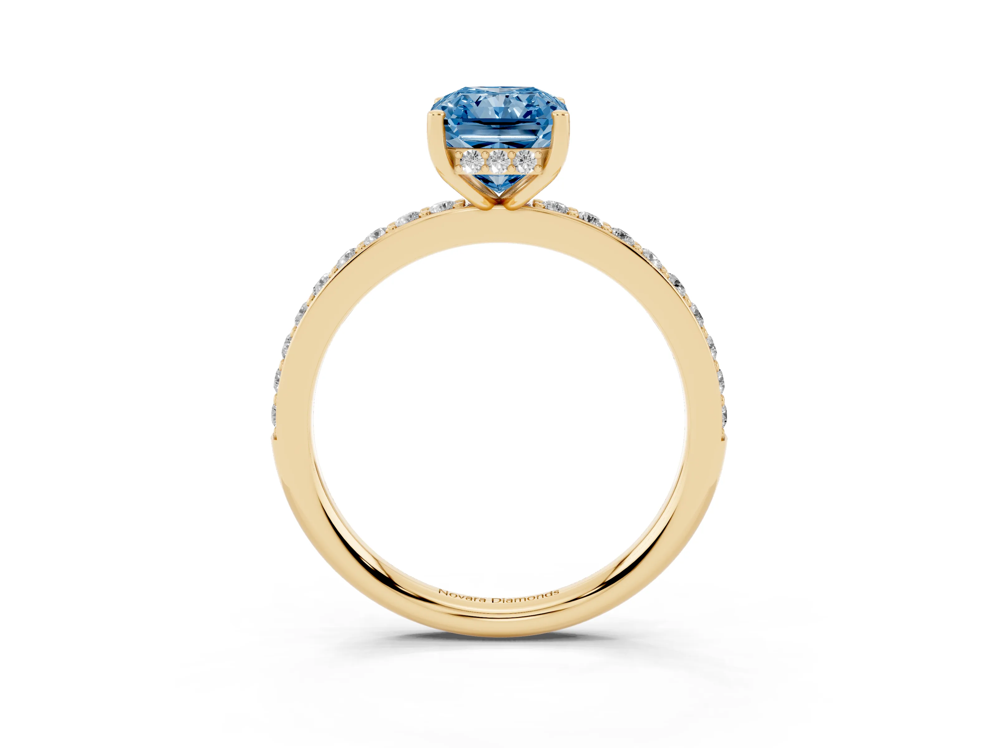 Fancy Blue Radiant Cut Diamond Pavé Band Ring Set in Yellow gold with Prong-Set Center Stone