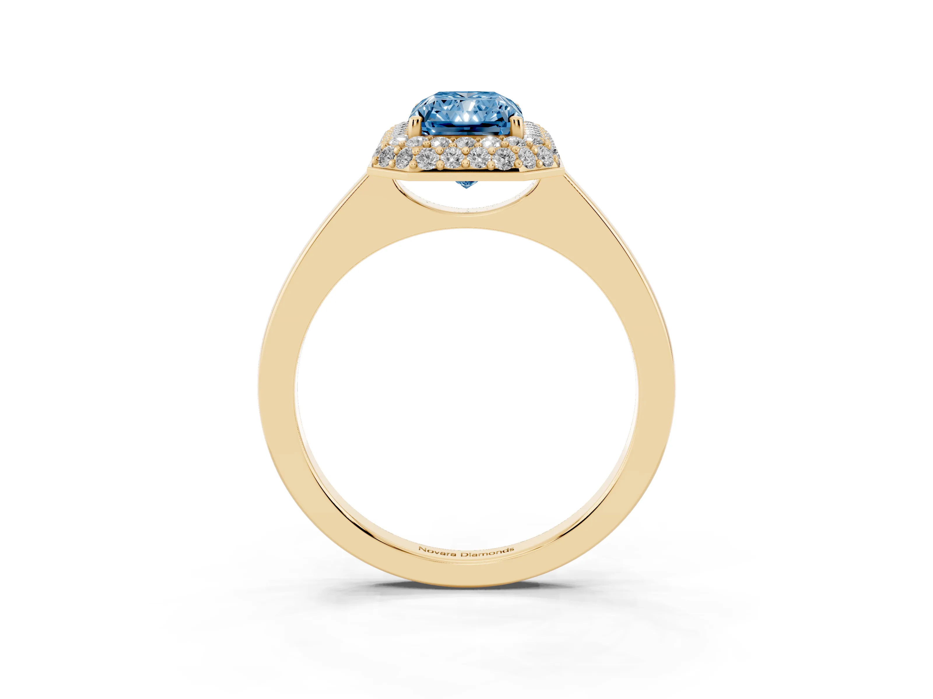 Fancy Blue Radiant Cut Diamond Halo Engagement Ring Set in Yellow gold with Solitaire Band and Prong Setting