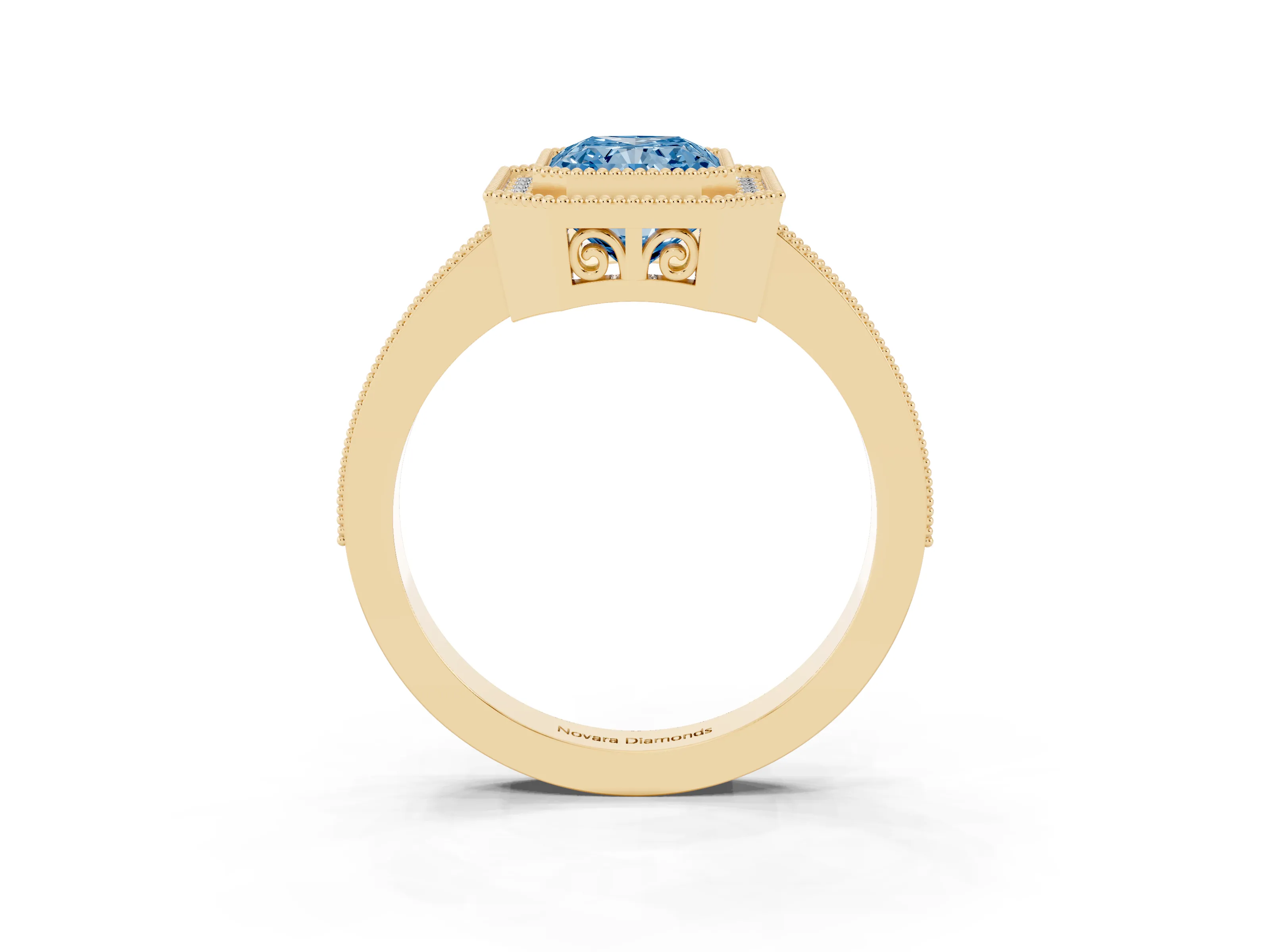 Fancy Blue Radiant Cut Diamond Round Halo Ring Set in Yellow gold with Pavé Band
