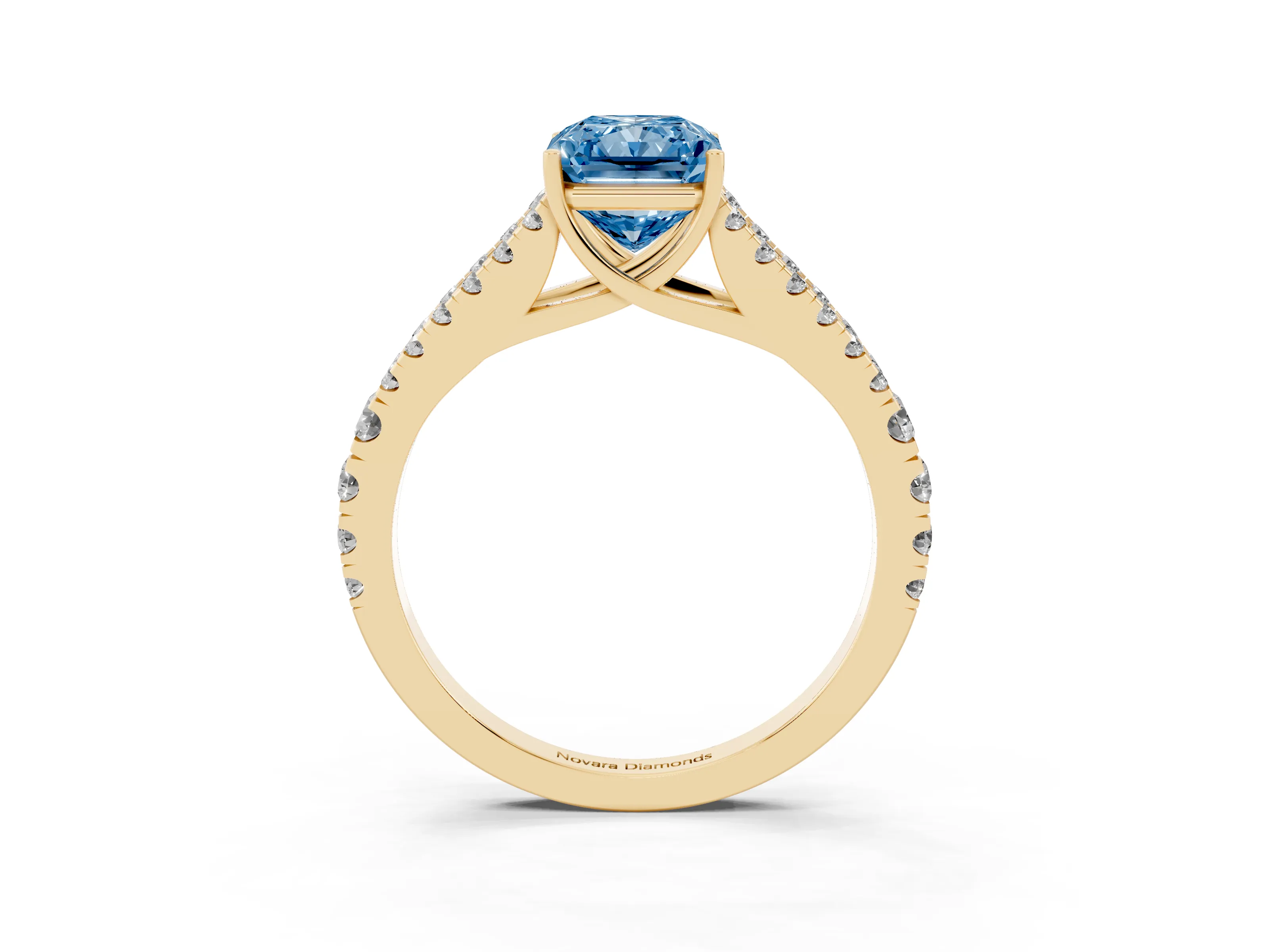 Fancy Blue Radiant Cut Diamond Split Shank Pavé Engagement Ring Set in Yellow gold with Prong-Held Center Stone