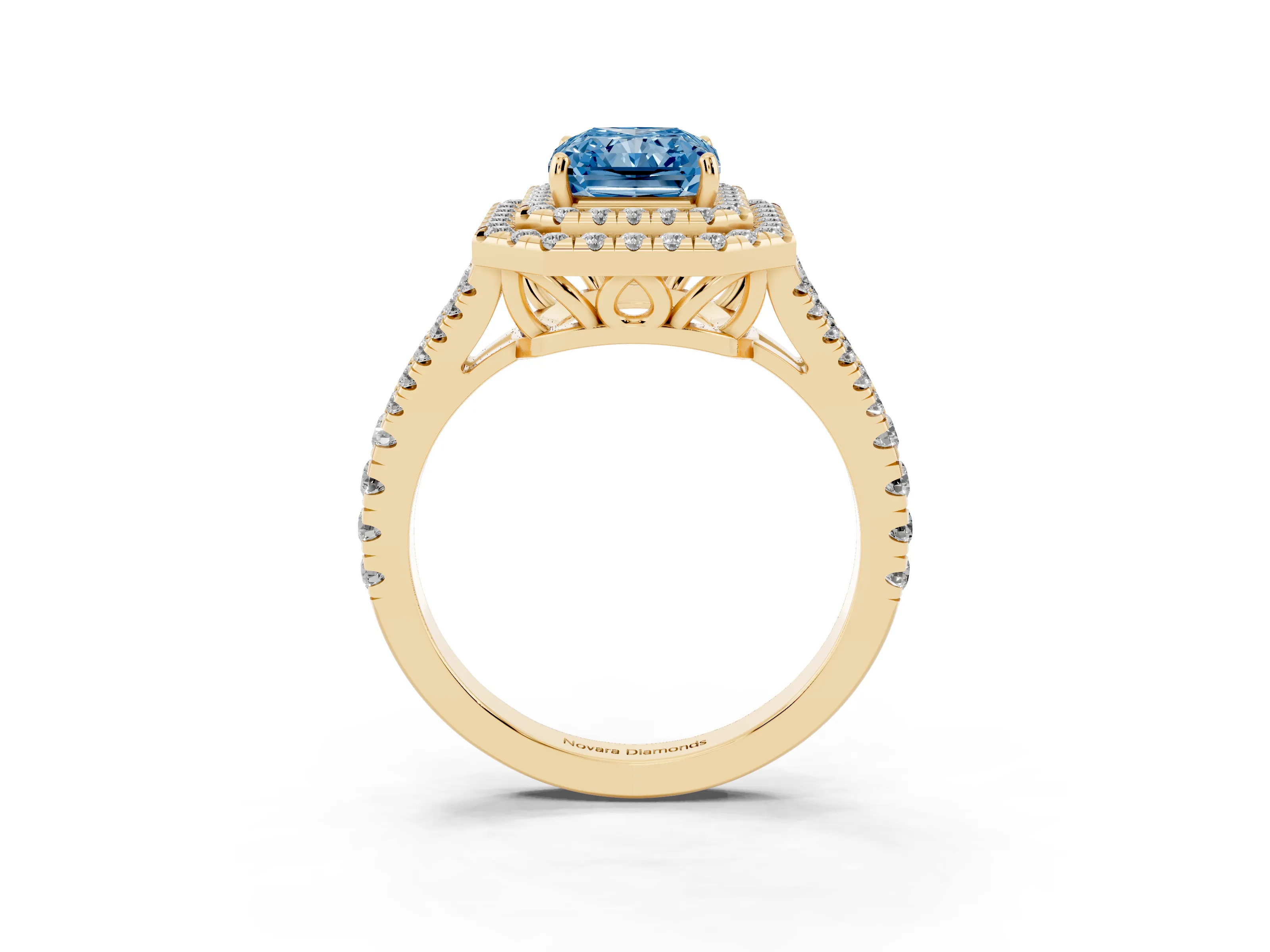Fancy Blue Radiant Cut Diamond Double Halo Ring Set in Yellow gold with Pavé Band
