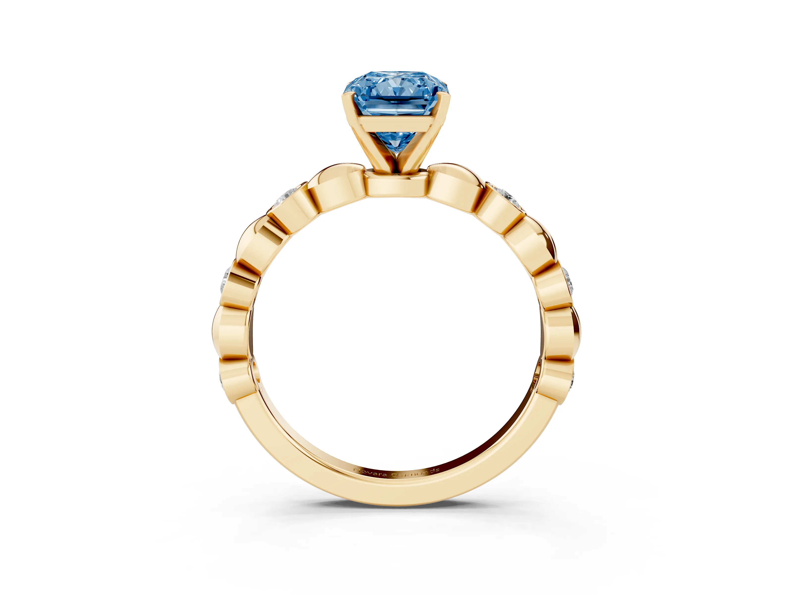 Fancy Blue Radiant Cut Diamond Solitaire Ring Set in Yellow gold with Bezel-Set Accents on Beaded Band and Prong Setting