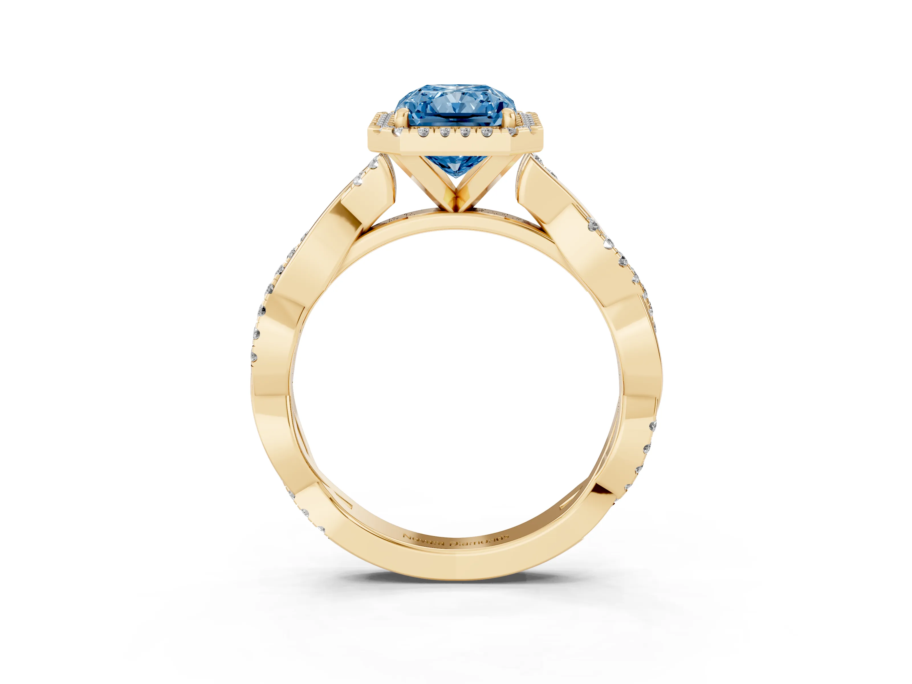 Fancy Blue Radiant Cut Diamond Halo Twisted Band Ring Set in Yellow gold with Prong Setting