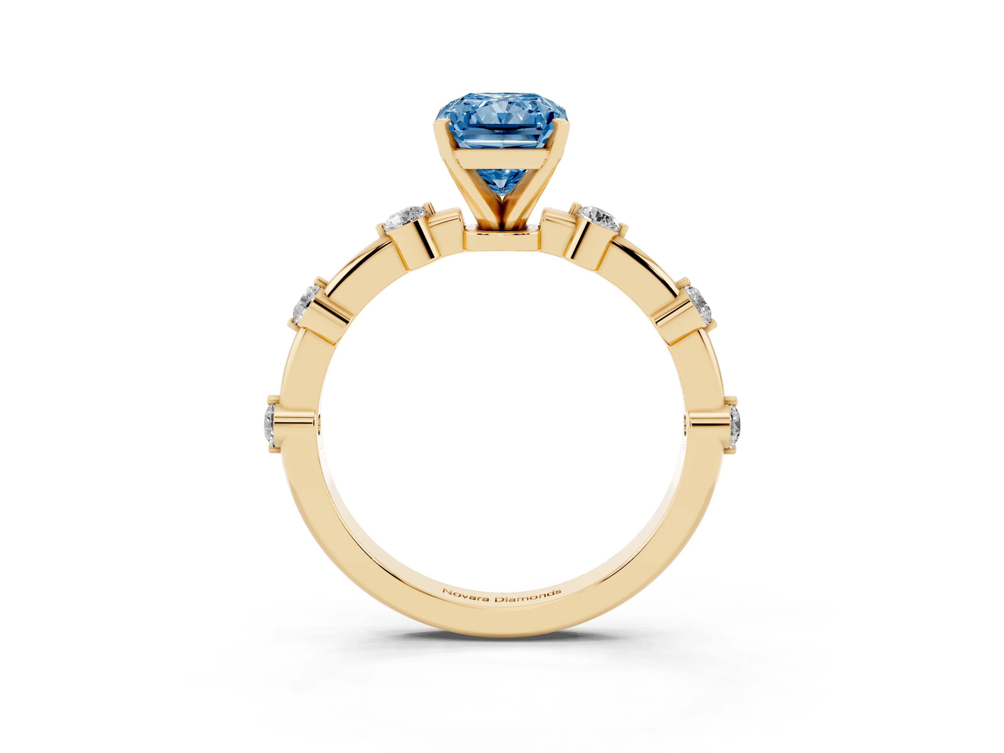 Fancy Blue Radiant Cut Diamond Solitaire Ring Set in Yellow gold with Bezel Set Side Stones and Prong Setting