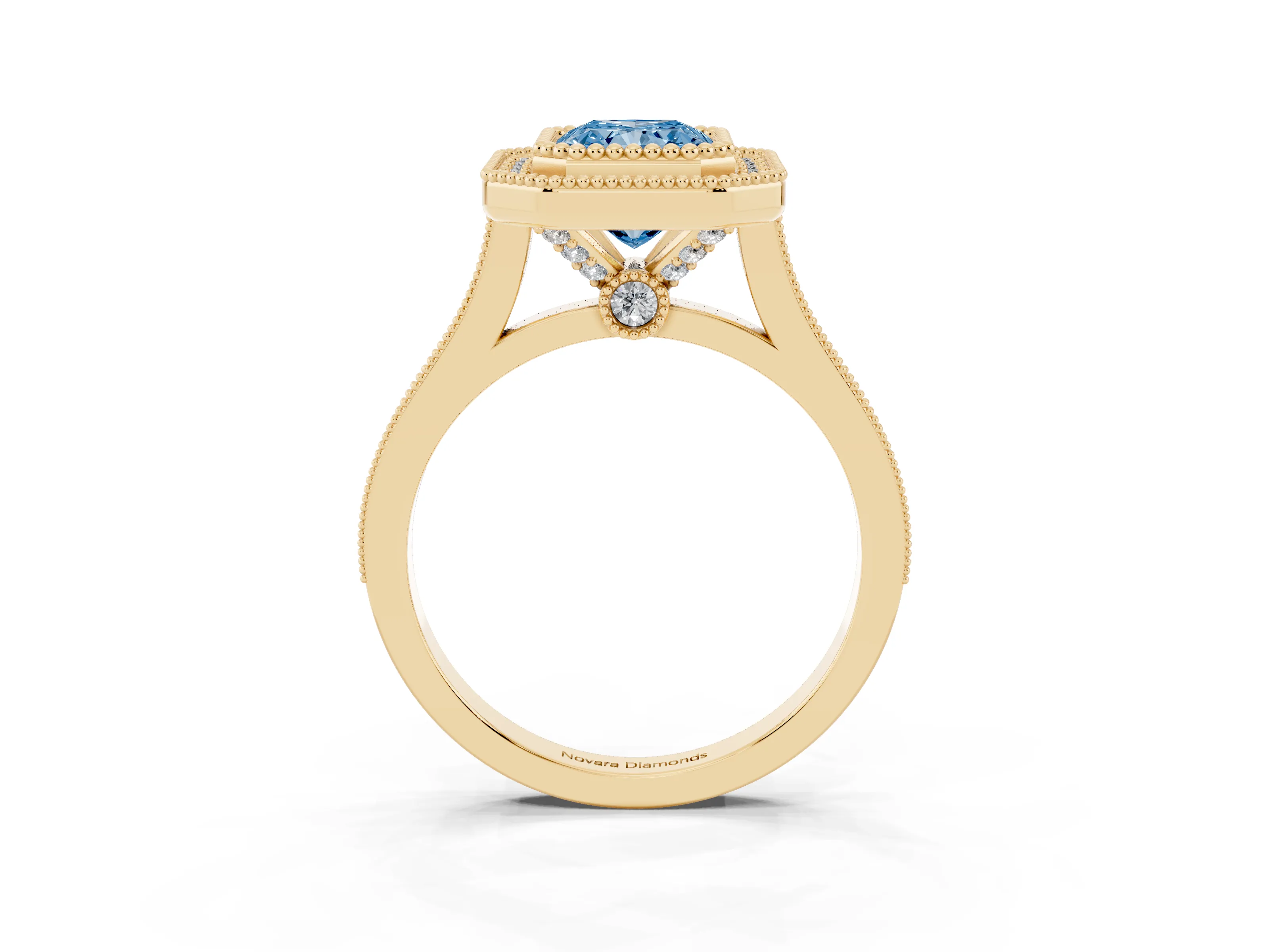 Fancy Blue Radiant Cut Diamond Halo Ring Set in Yellow gold with Milgrain Frame and Pavé Band
