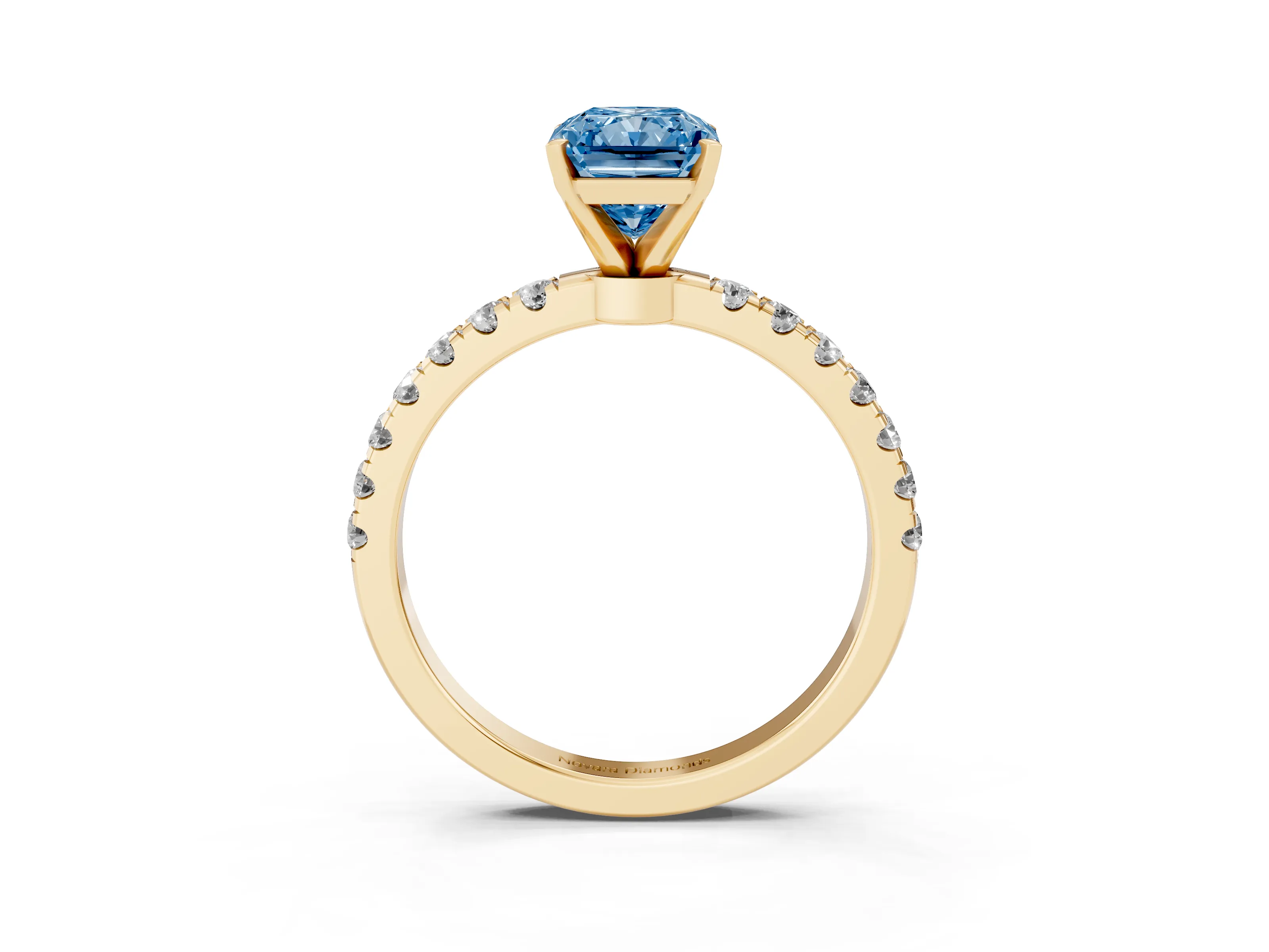 Fancy Blue Radiant Cut Diamond Solitaire Ring Set in Yellow gold with Pavé Accents and Prong Setting